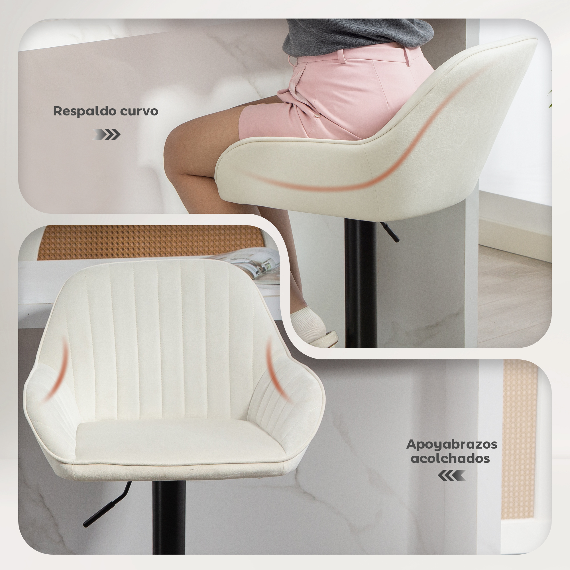 Una persona está sentada en una silla blanca con respaldo curvo. Se ven pantalones cortos rosas. La silla está sobre un poste negro.
