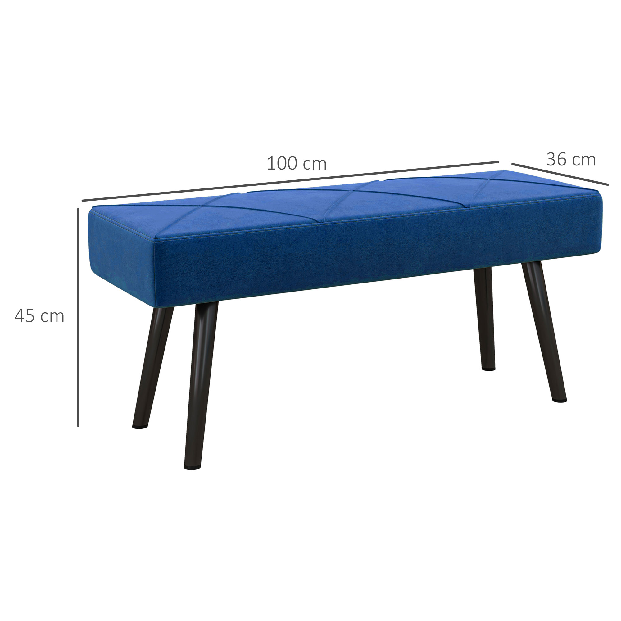 Un banco azul con patas negras. Medidas: 100 cm largo, 36 cm ancho y 45 cm alto, sobre fondo blanco.