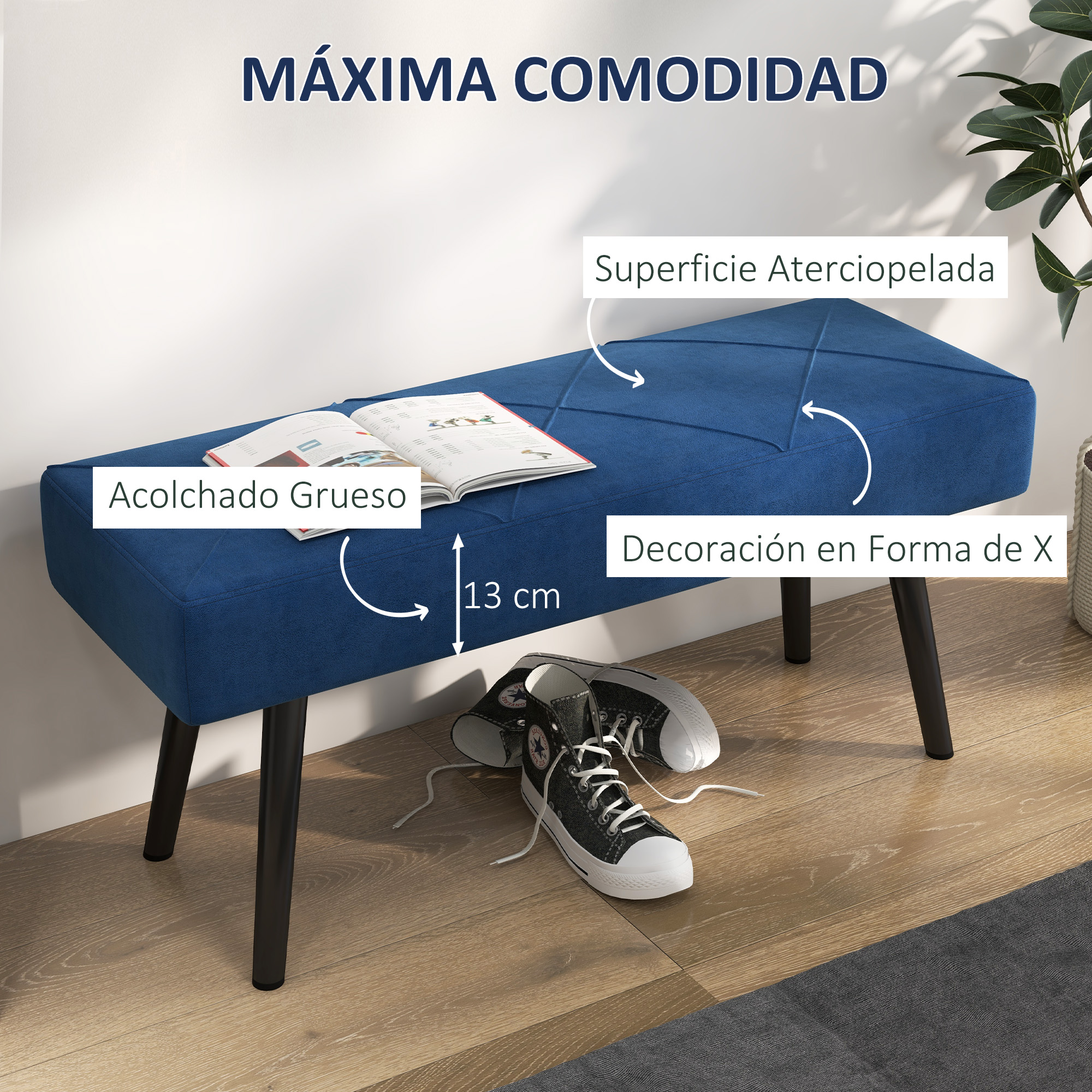 Un banco azul con patas negras. Hay un libro encima y zapatos debajo. El banco tiene costuras en forma de X.