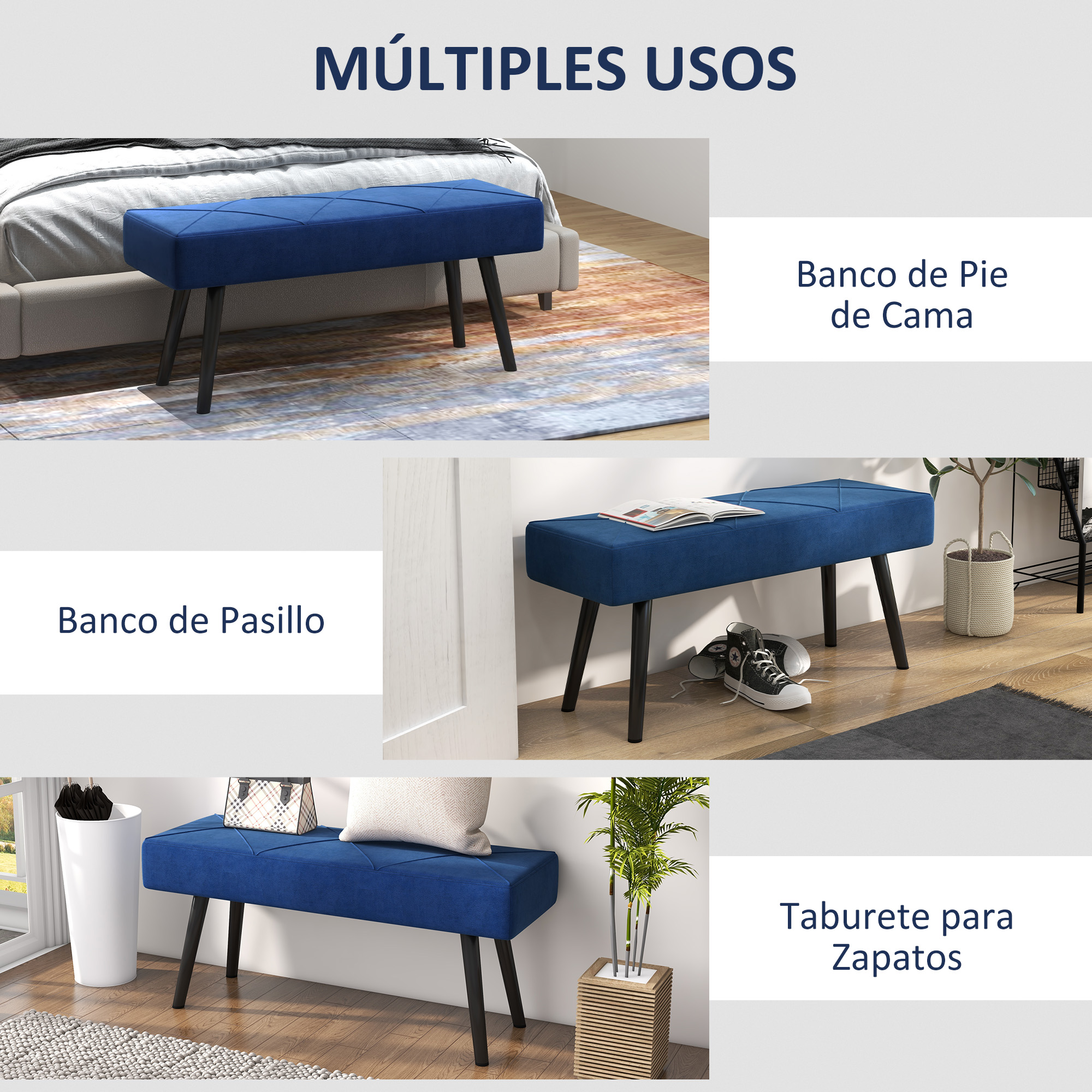 Un banco azul con patas negras se muestra en diferentes entornos, etiquetado para diversos usos: cama, pasillo y zapatero.