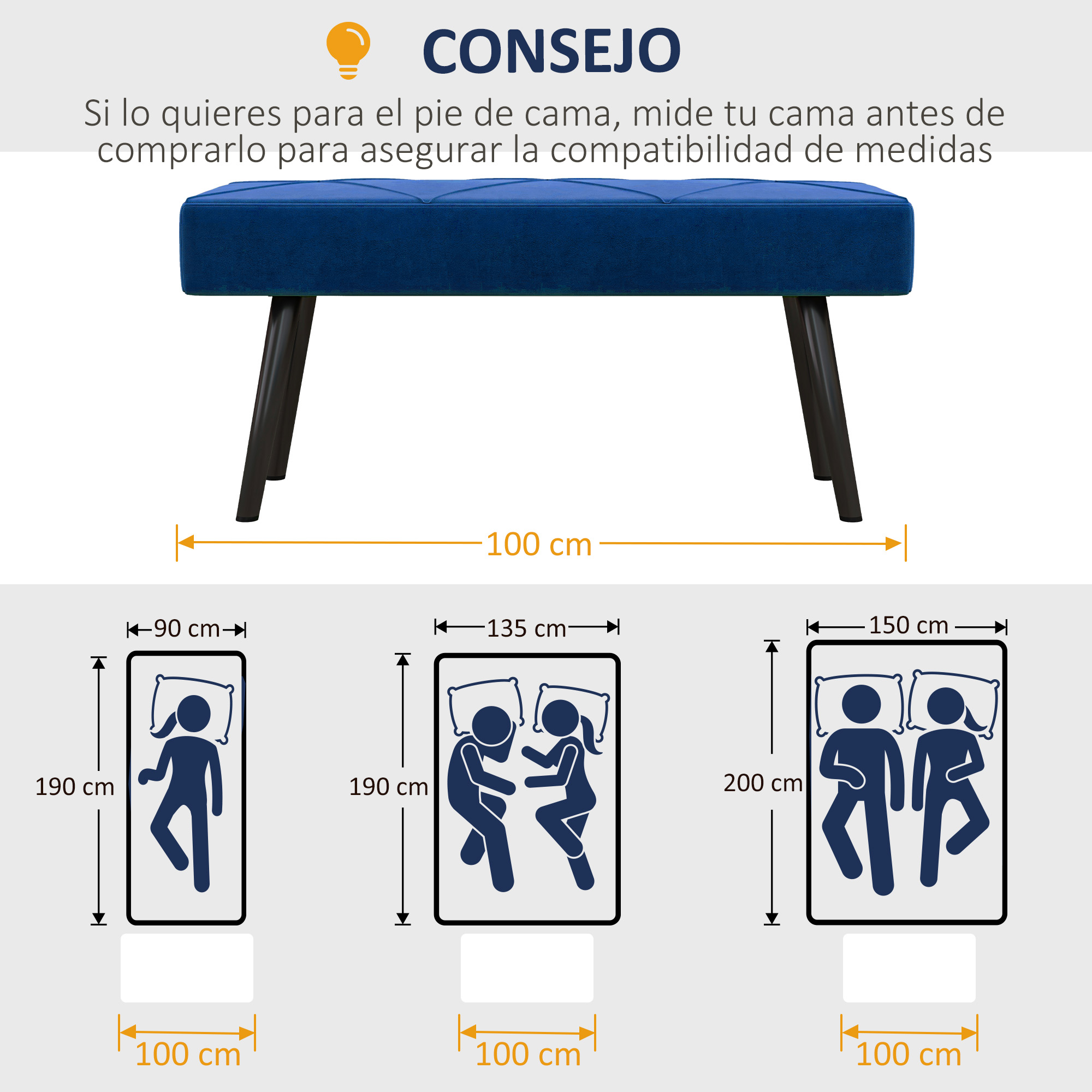 Un banco azul con patas negras. Diagramas de camas muestran medidas y cómo encaja el banco.