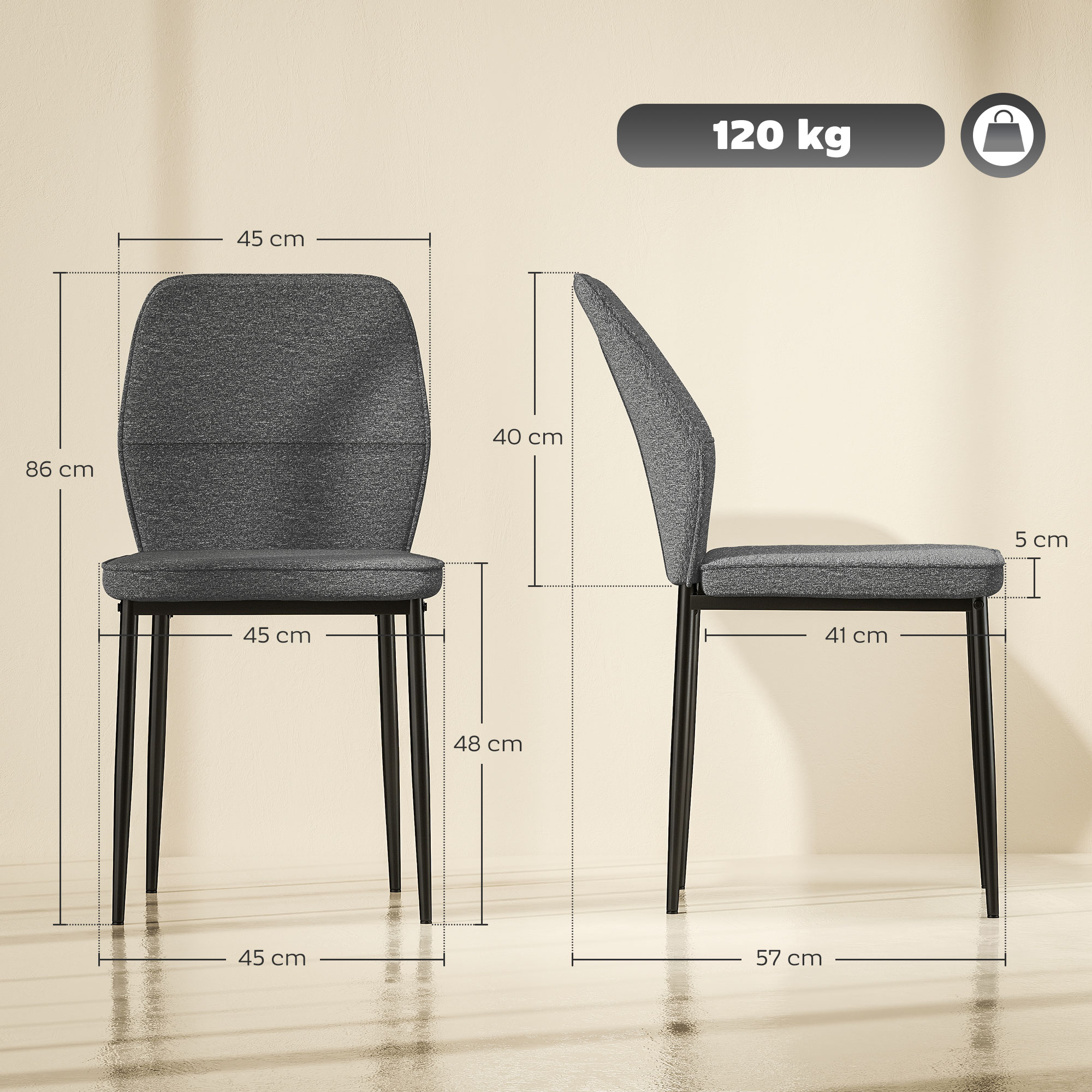 Dos vistas de una silla gris tapizada con patas negras. Las dimensiones están etiquetadas: altura, ancho y profundidad.