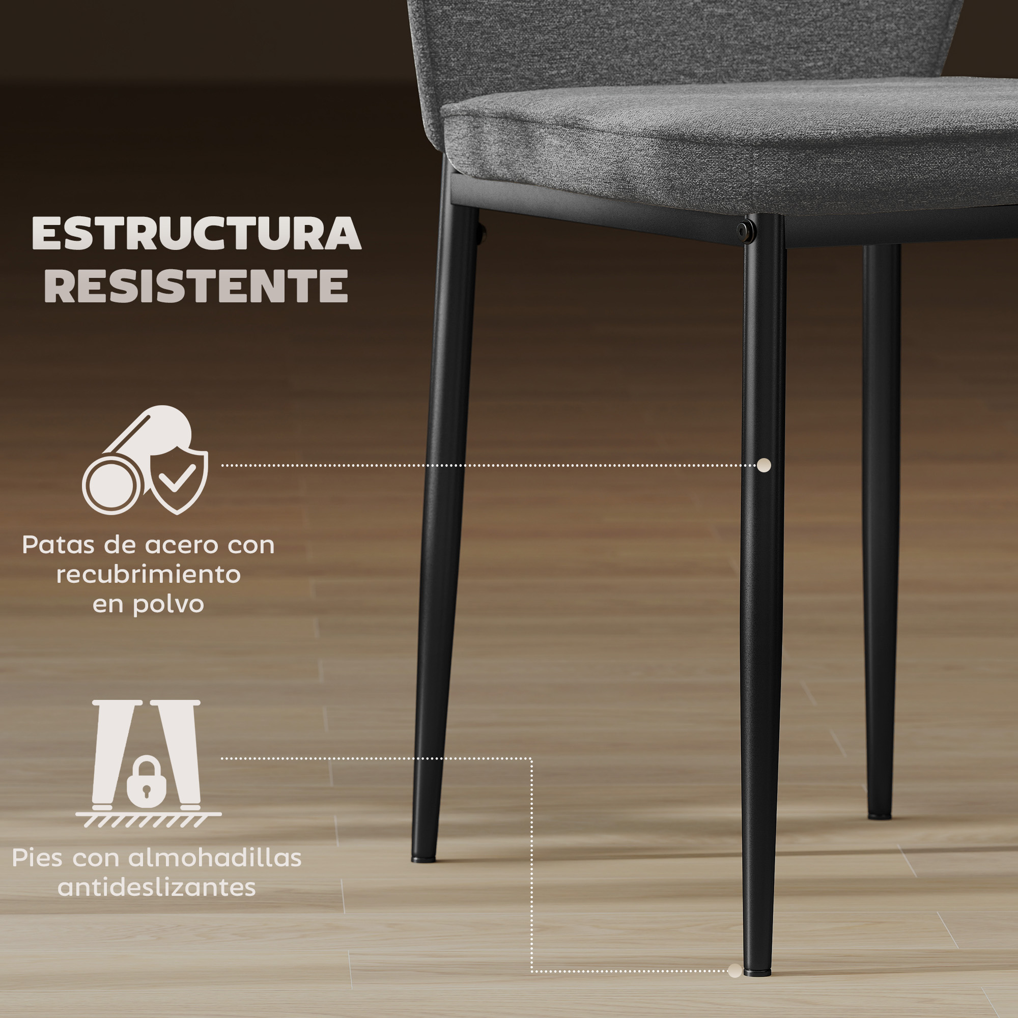 Una silla gris con patas negras. Tiene asiento y respaldo acolchados. El texto describe su estructura fuerte.