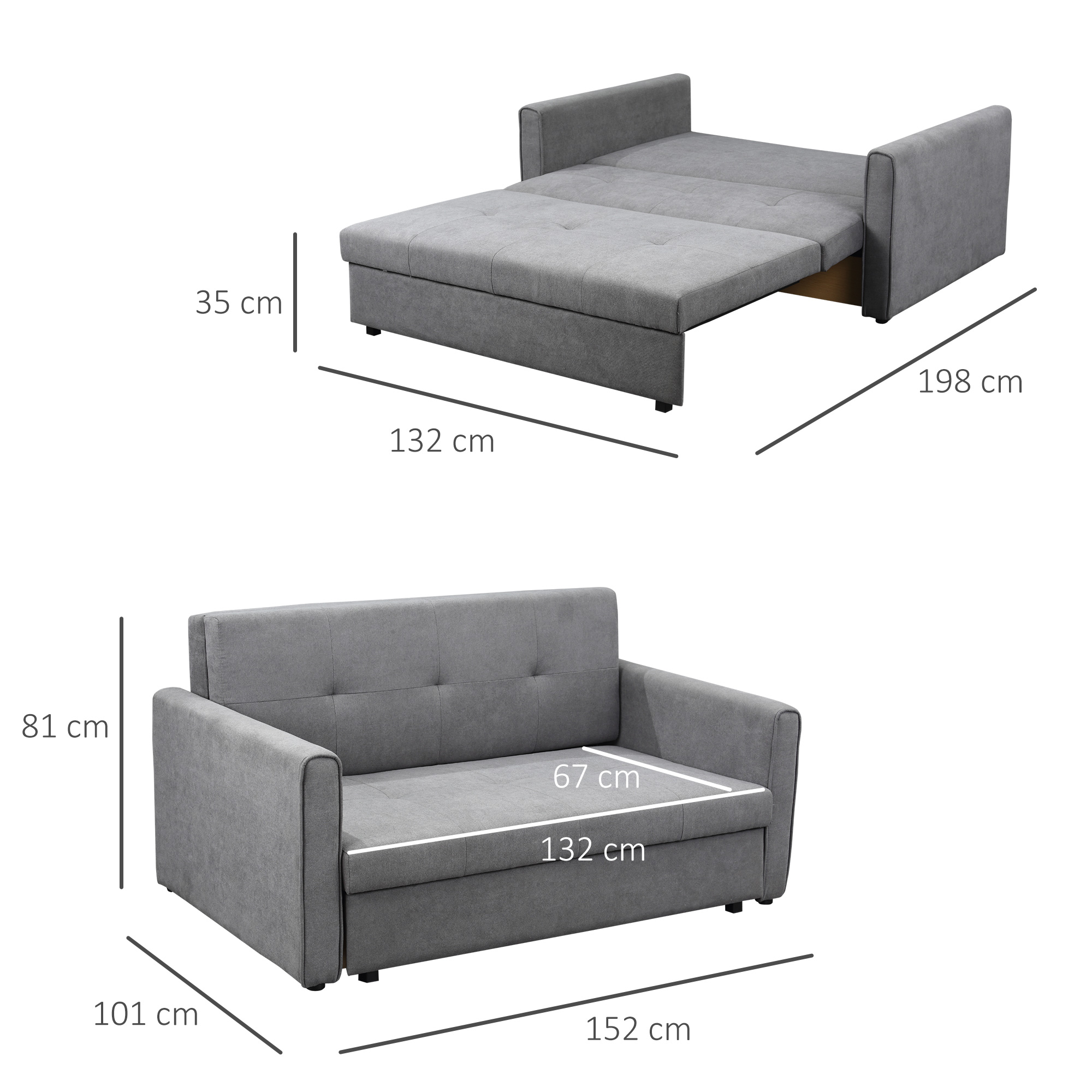 Sofá cama y sillón grises con medidas. El sofá está desplegado. Las dimensiones se indican en cm.