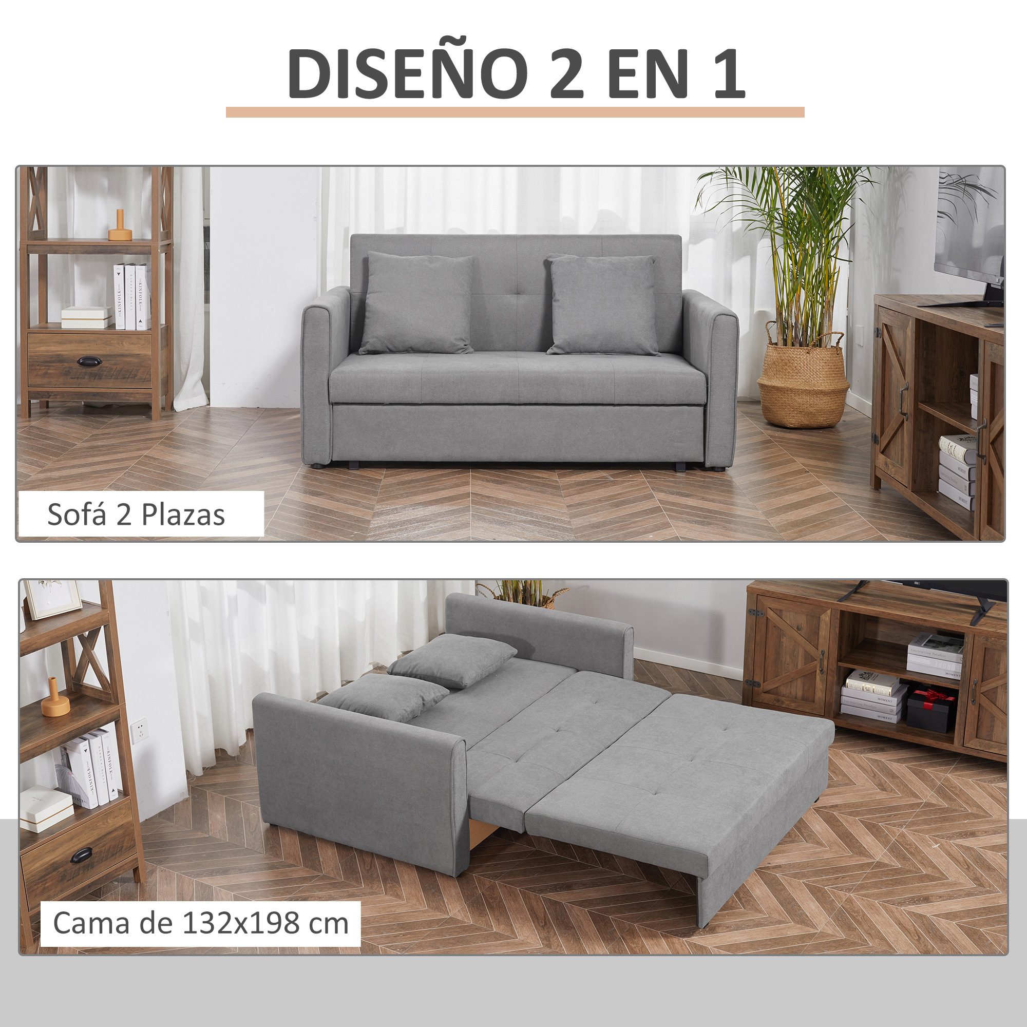 Un sofá gris se convierte en cama. Se ven estanterías y un armario. Suelo de madera.