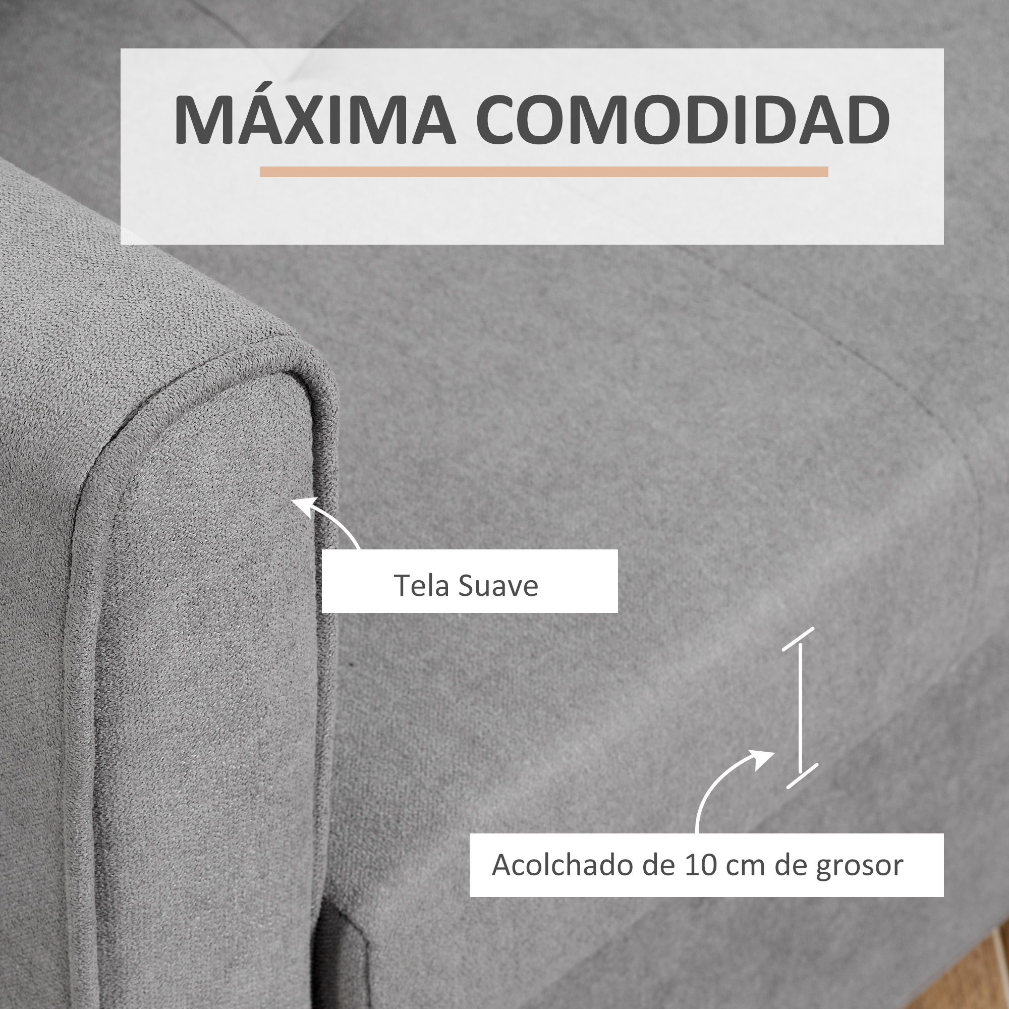 Primer plano de un sofá gris. El texto dice 'Máxima Comodidad'. Flechas señalan a 'Tela Suave' y 'Acolchado de 10 cm de grosor'.