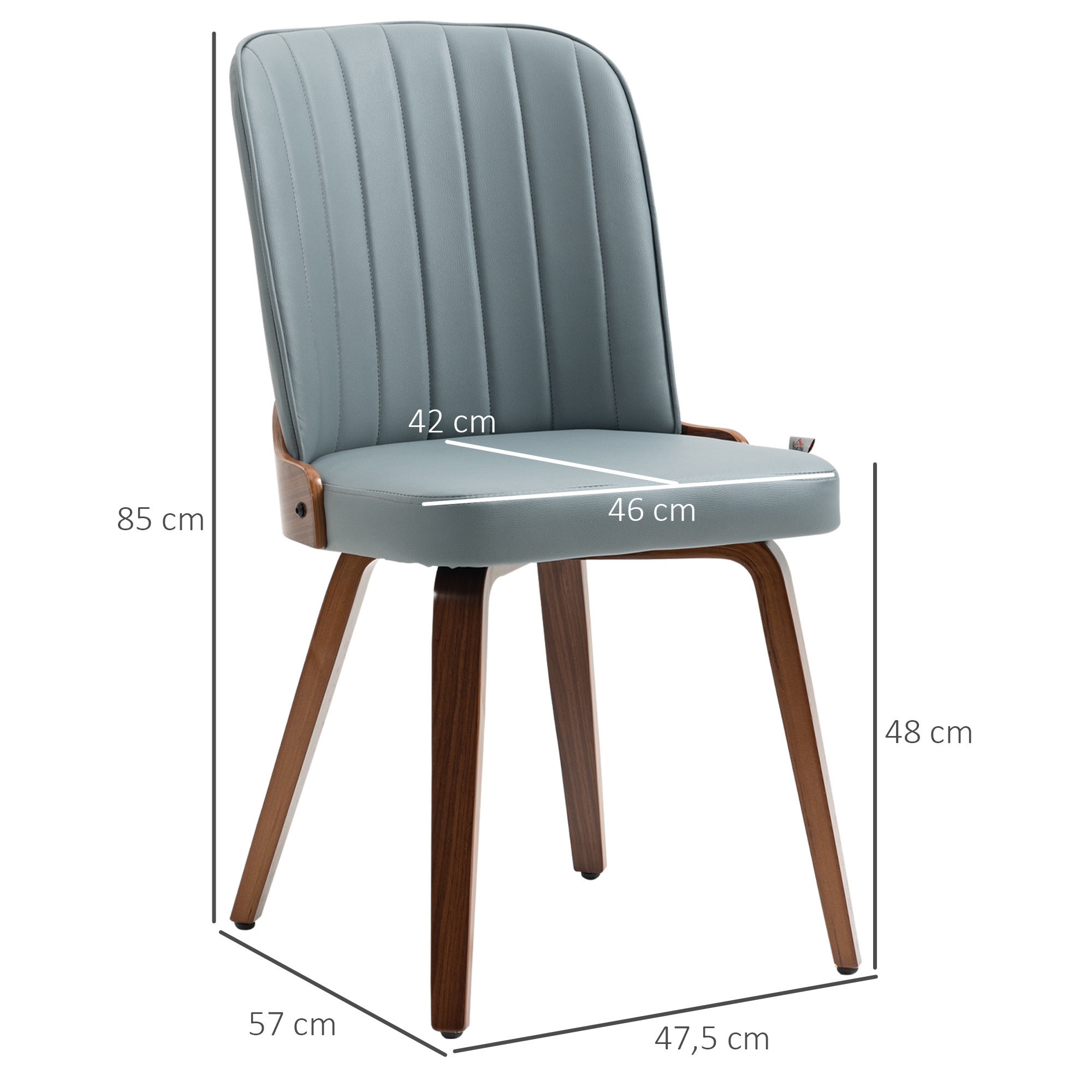 Silla moderna con asiento y respaldo acolchados azul claro, estructura de madera y patas marrón oscuro. Dimensiones proporcionadas.