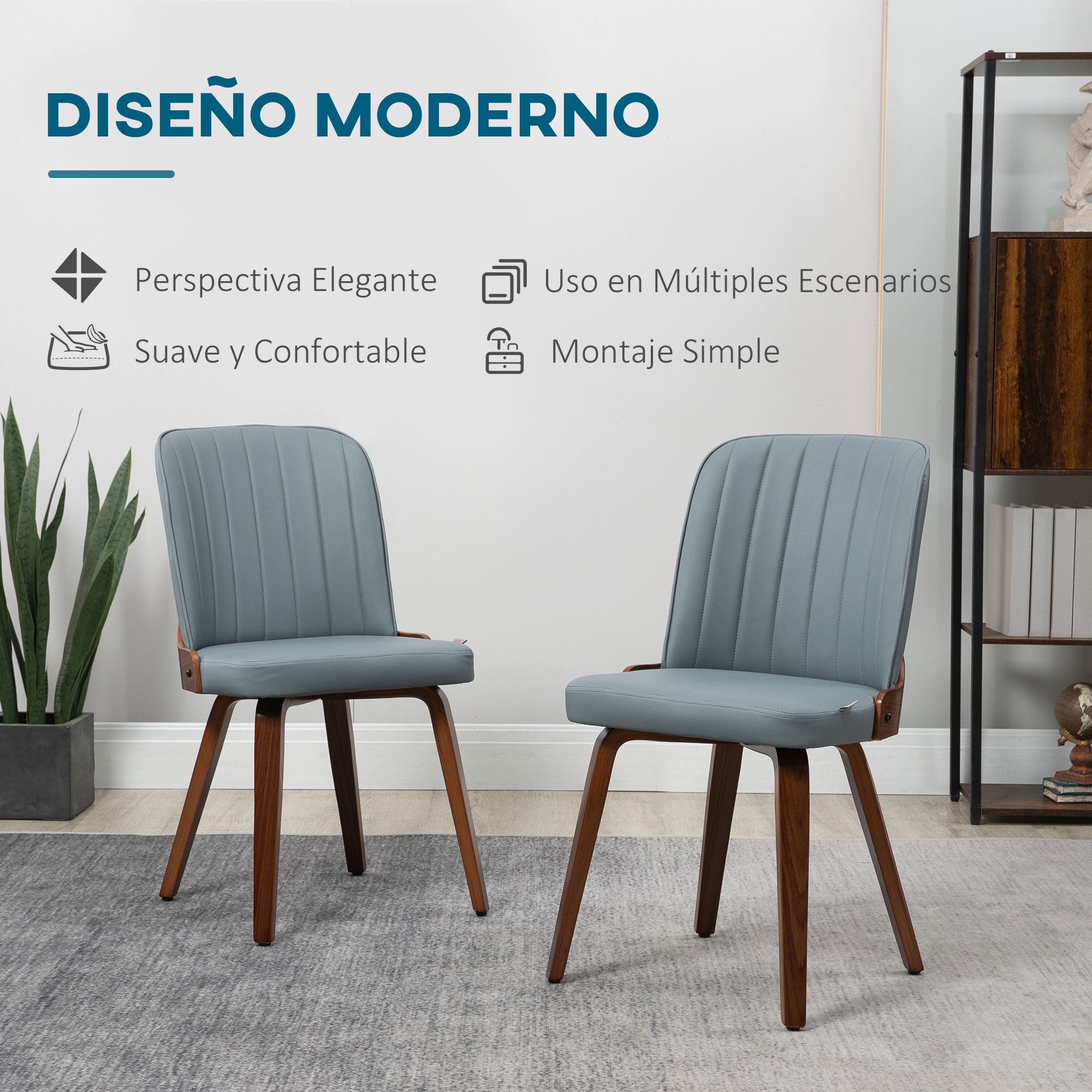 Dos sillas grises modernas con patas de madera en una habitación, con una planta y una estantería al fondo.