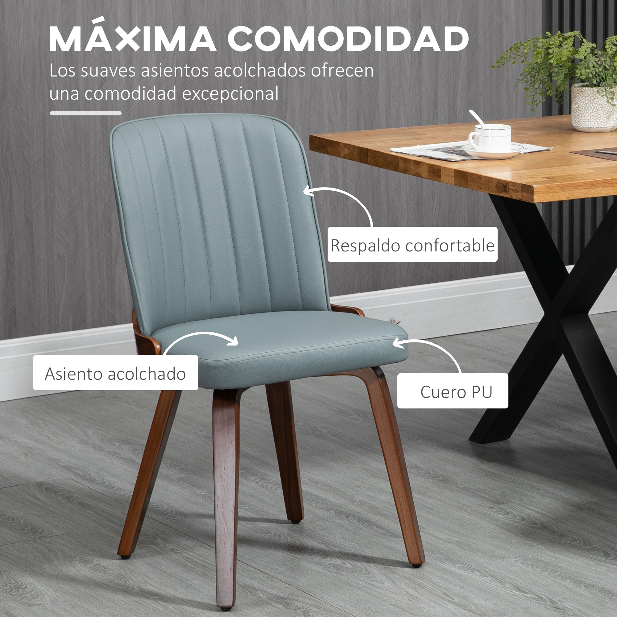 Una silla moderna con asiento y respaldo acolchados, patas de madera y una mesa con una taza encima. La silla es azul claro.