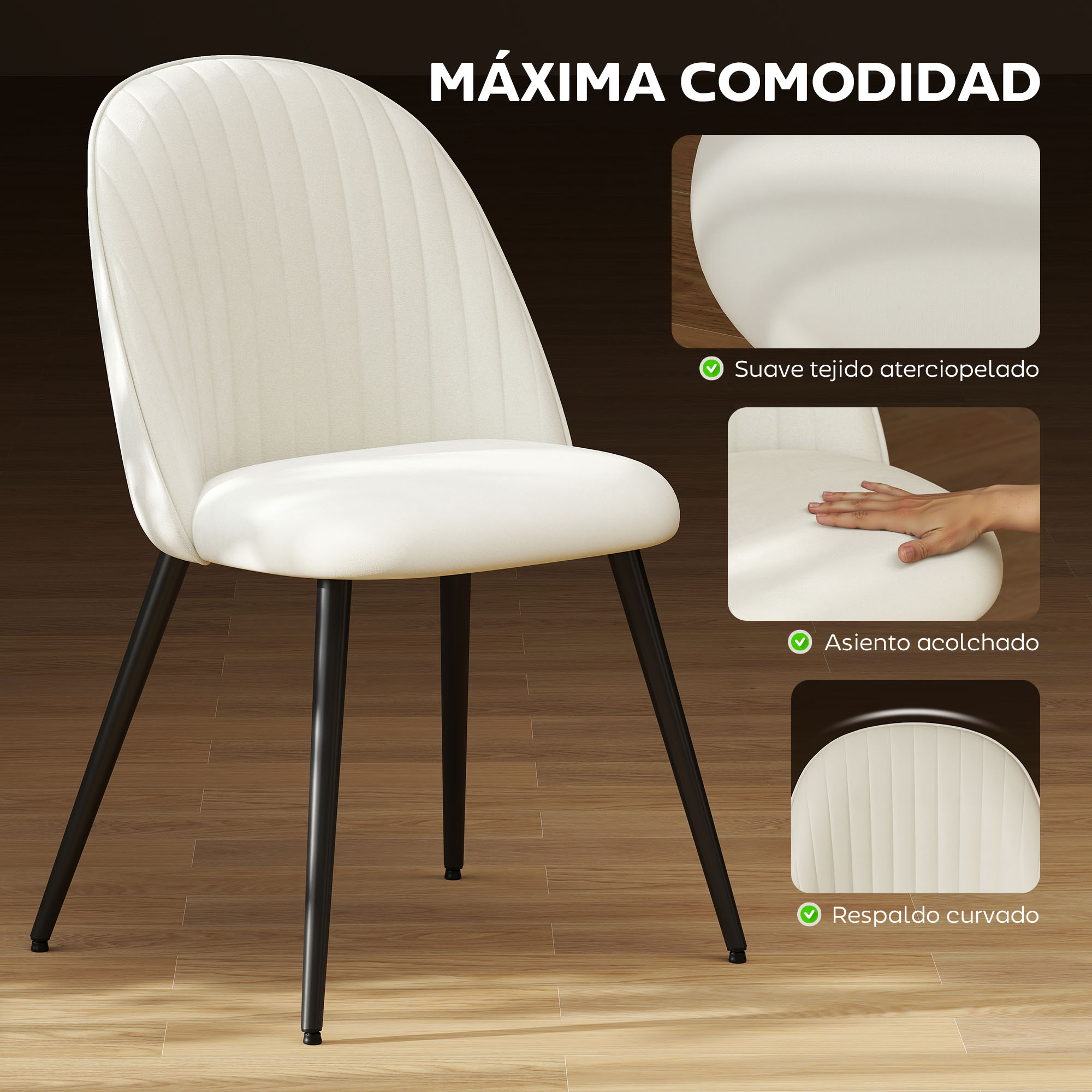 Silla crema con patas negras. Tiene respaldo curvo y asiento acolchado, con detalles que resaltan la comodidad.