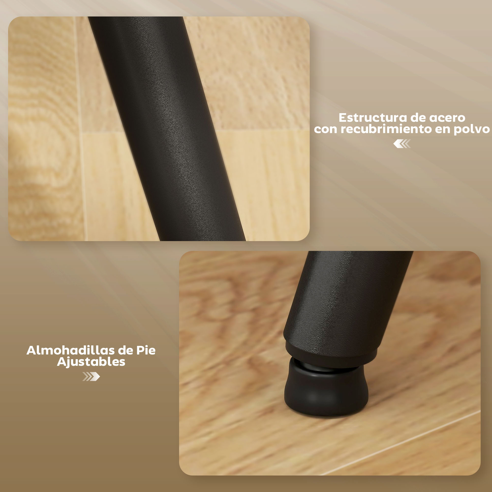 Primer plano de una pata de silla negra sobre un suelo de madera. La pata tiene un pie ajustable y una estructura de acero con recubrimiento en polvo.