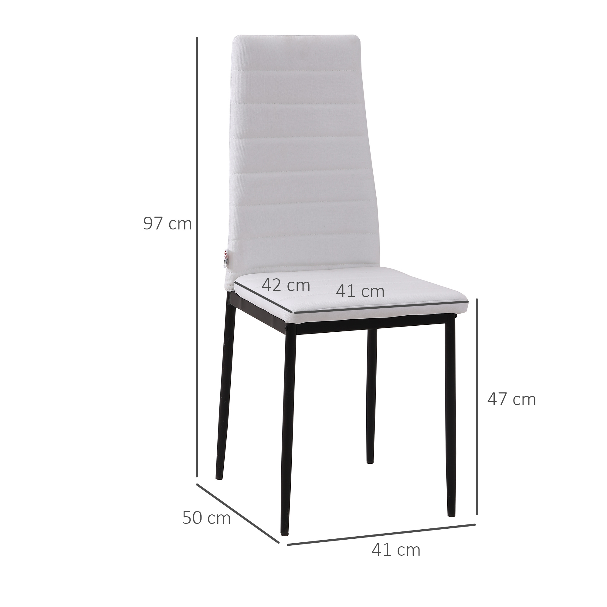 Una silla acolchada blanca con patas negras. Las dimensiones son: 97 cm de altura, 41 cm de ancho, 47 cm de profundidad.