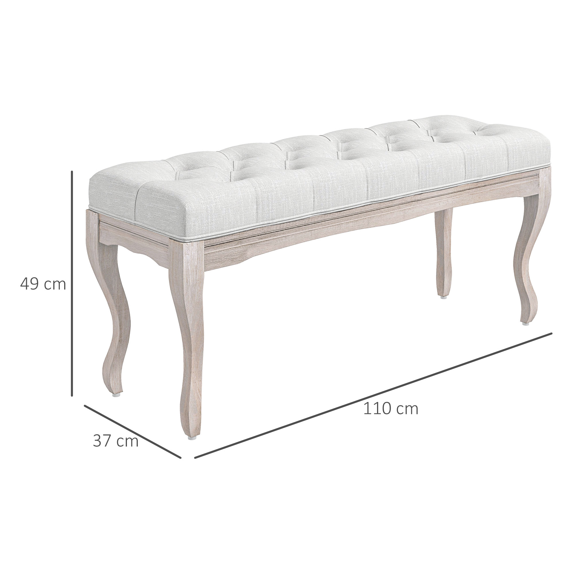 Un banco tapizado blanco con asiento capitoné, marco de madera clara y patas curvas. Medidas: 110x37x49 cm.