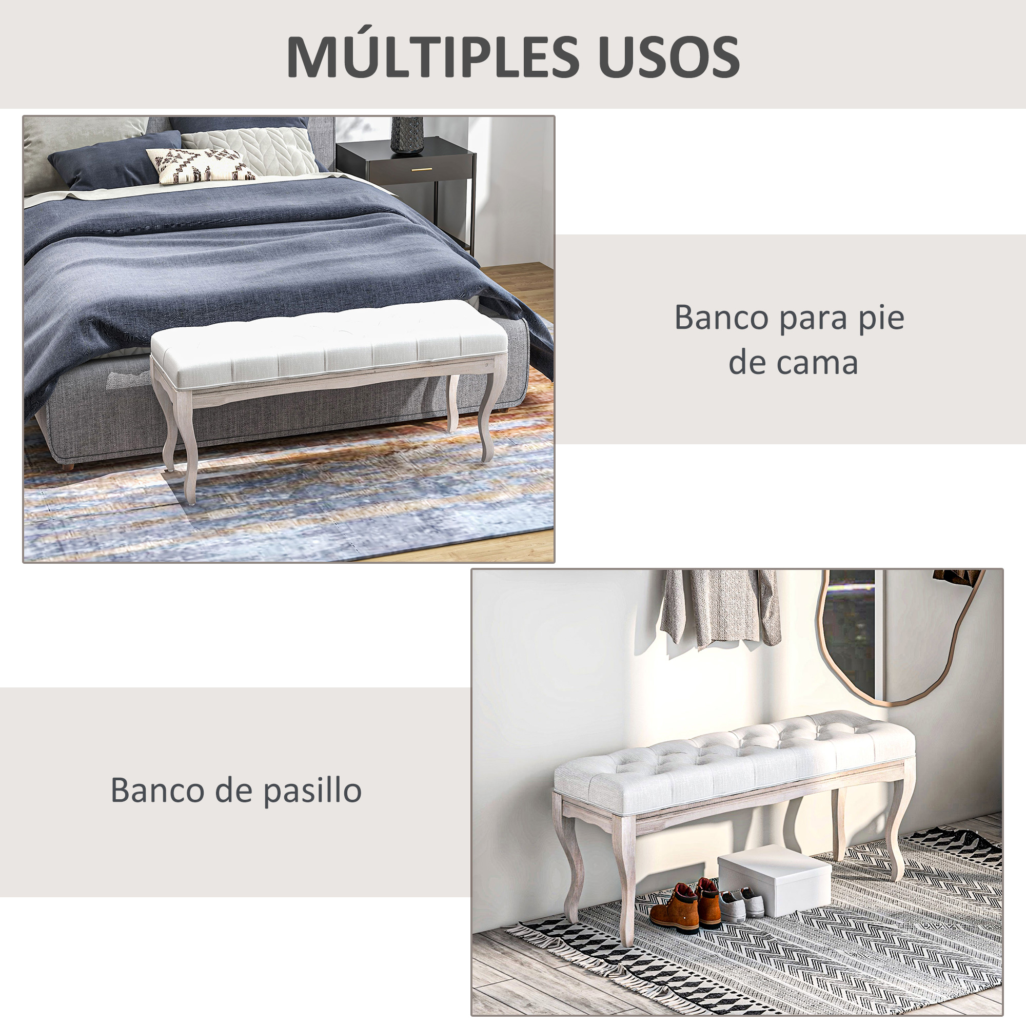 La imagen muestra un banco blanco en dos entornos diferentes: frente a una cama y en un pasillo. El banco tiene patas curvas.