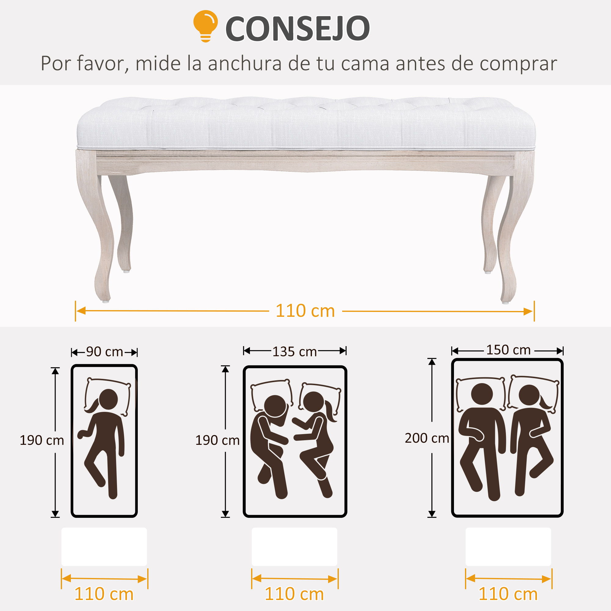 Imagen muestra un banco, diagramas de tamaños de cama y texto en español que aconseja medir el ancho de la cama.