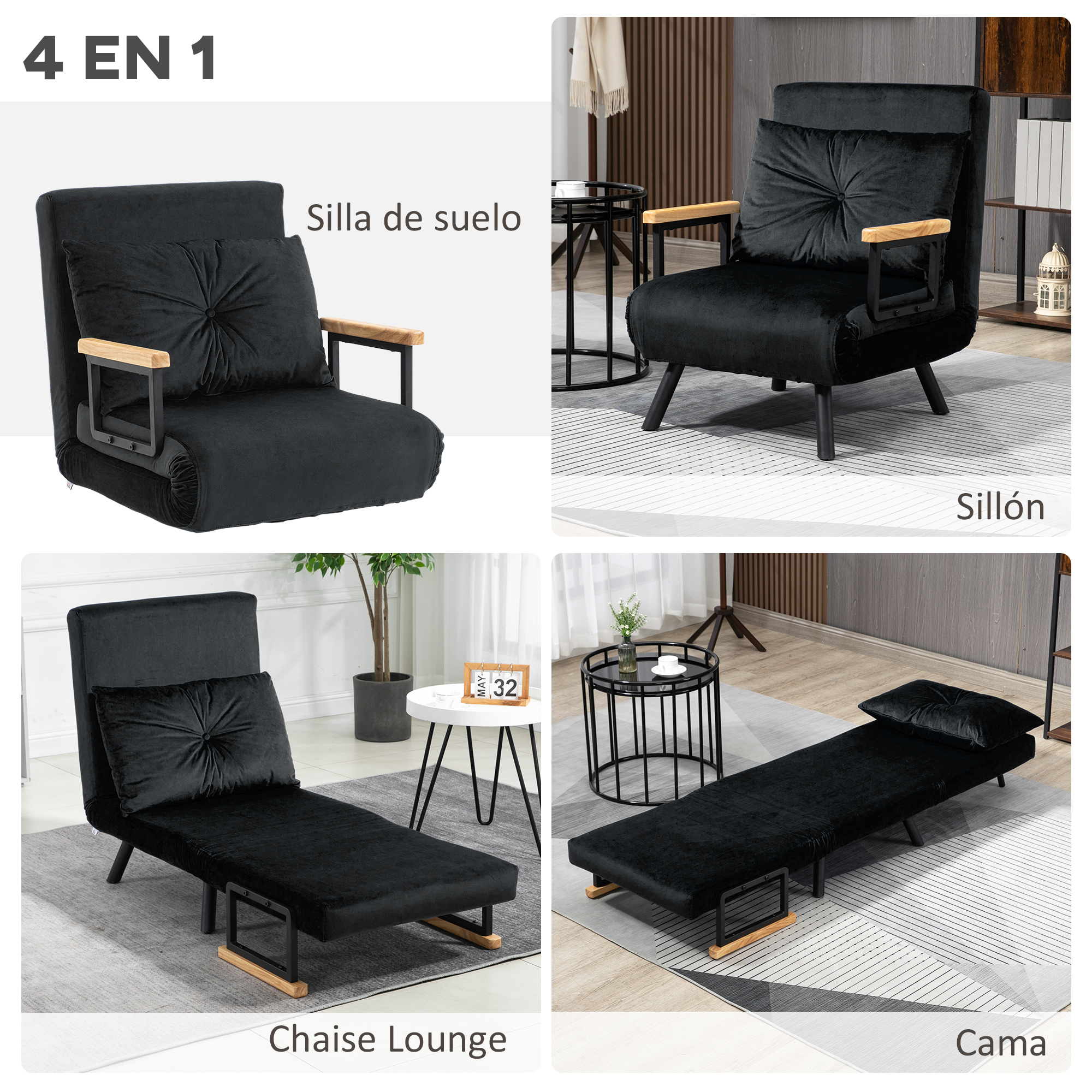Un sofá cama negro multifuncional en cuatro posiciones diferentes: sillón, sillón con brazos, chaise longue y cama.