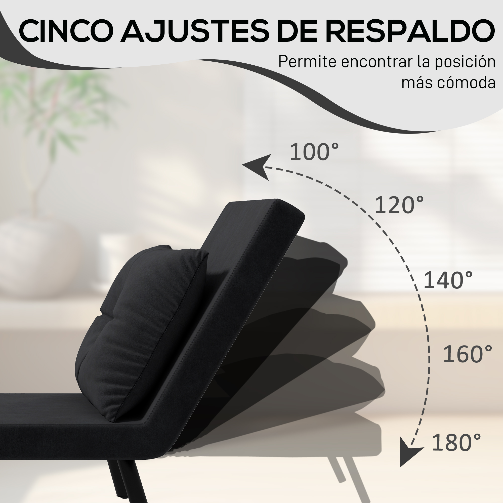 Un respaldo negro ajustable con cojines. Muestra cinco ajustes de ángulo: 100°, 120°, 140°, 160° y 180°.