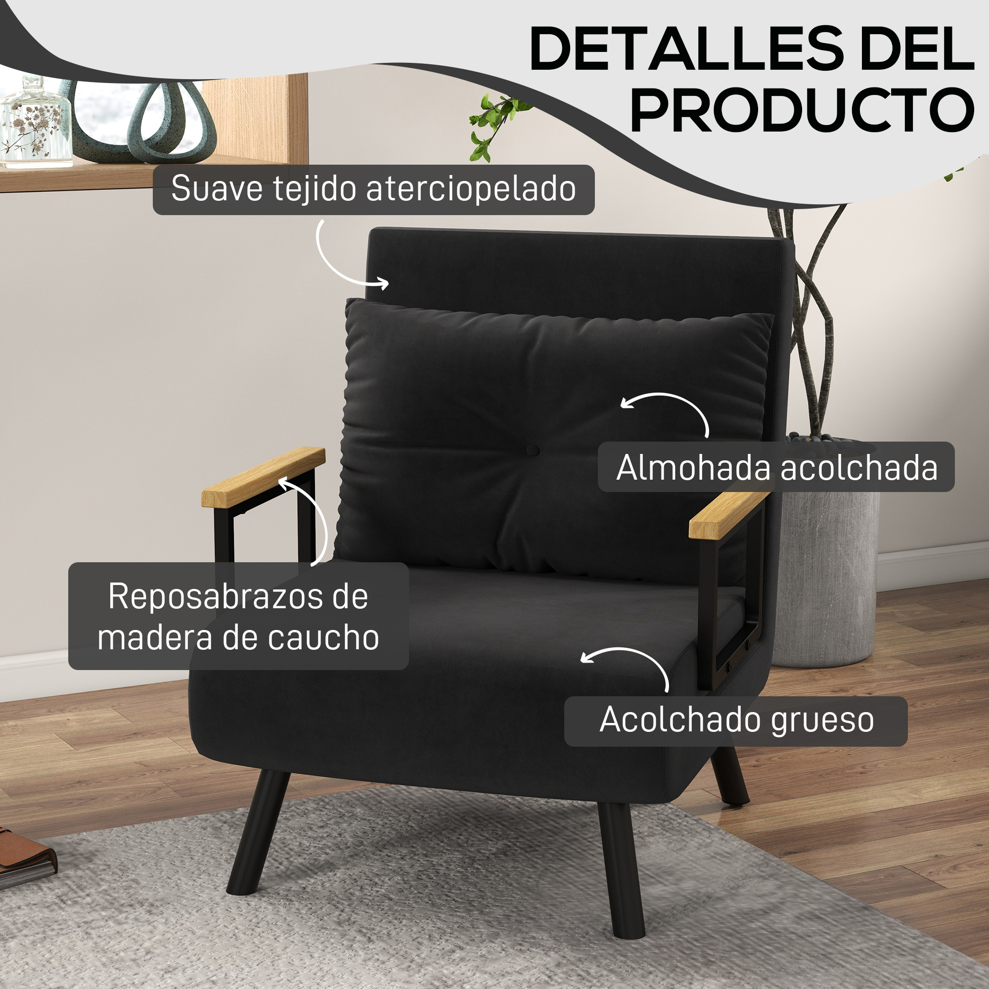 Sillón negro con reposabrazos de madera, respaldo acolchado y asiento afelpado. Está sobre una alfombra, con una planta detrás.