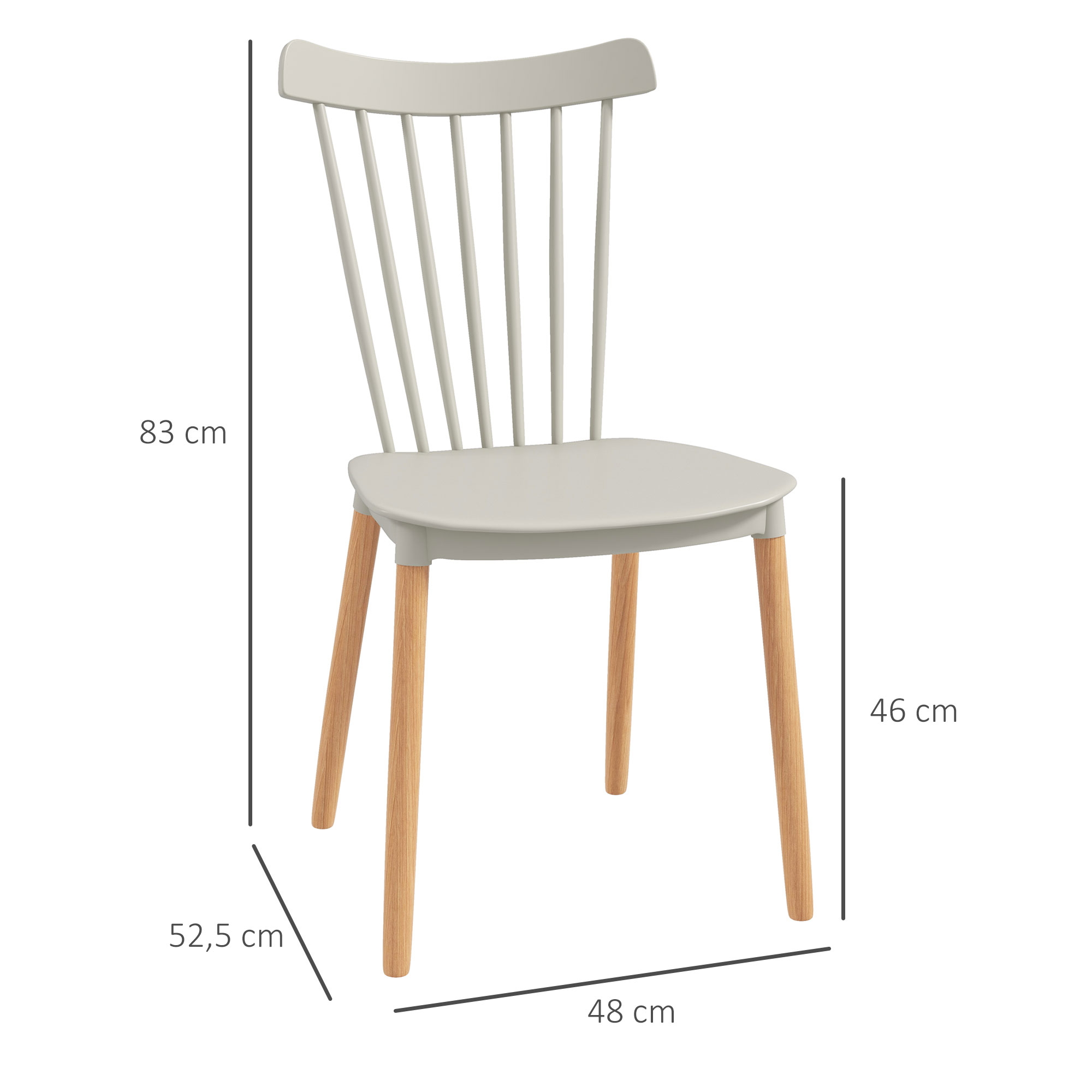 Una silla gris con patas de madera se muestra sobre un fondo blanco. Se proporcionan dimensiones.