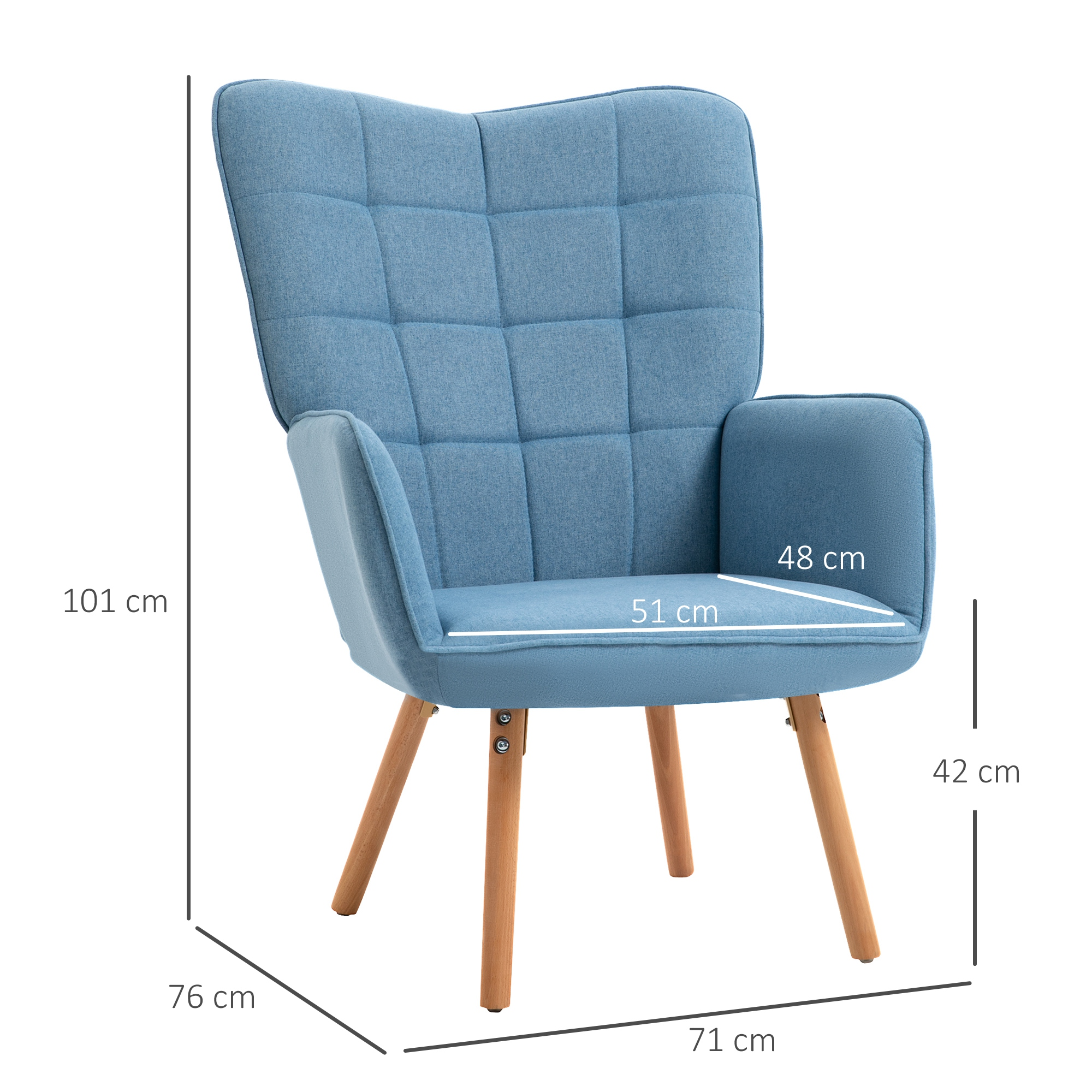 Un sillón azul con patas de madera. Dimensiones marcadas: 101 cm alto, 76 cm ancho, 71 cm profundo, asiento 51 cm, reposabrazos 48 cm, 42 cm alto.