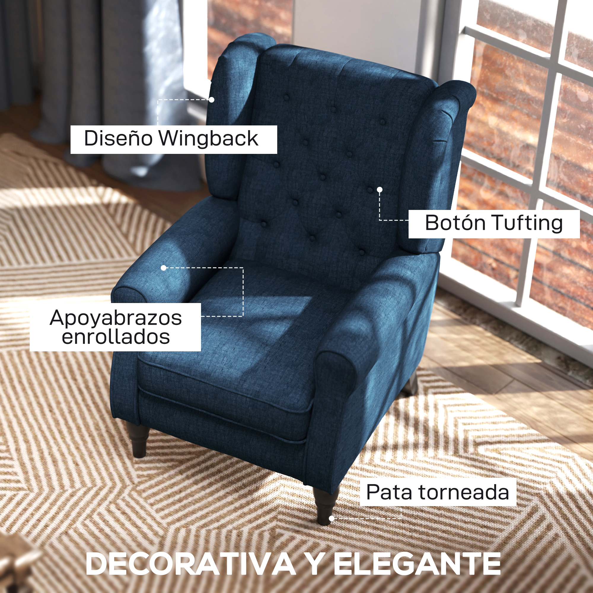 Una silla azul con respaldo alado, botones, reposabrazos enrollados y patas torneadas, sobre una alfombra estampada.