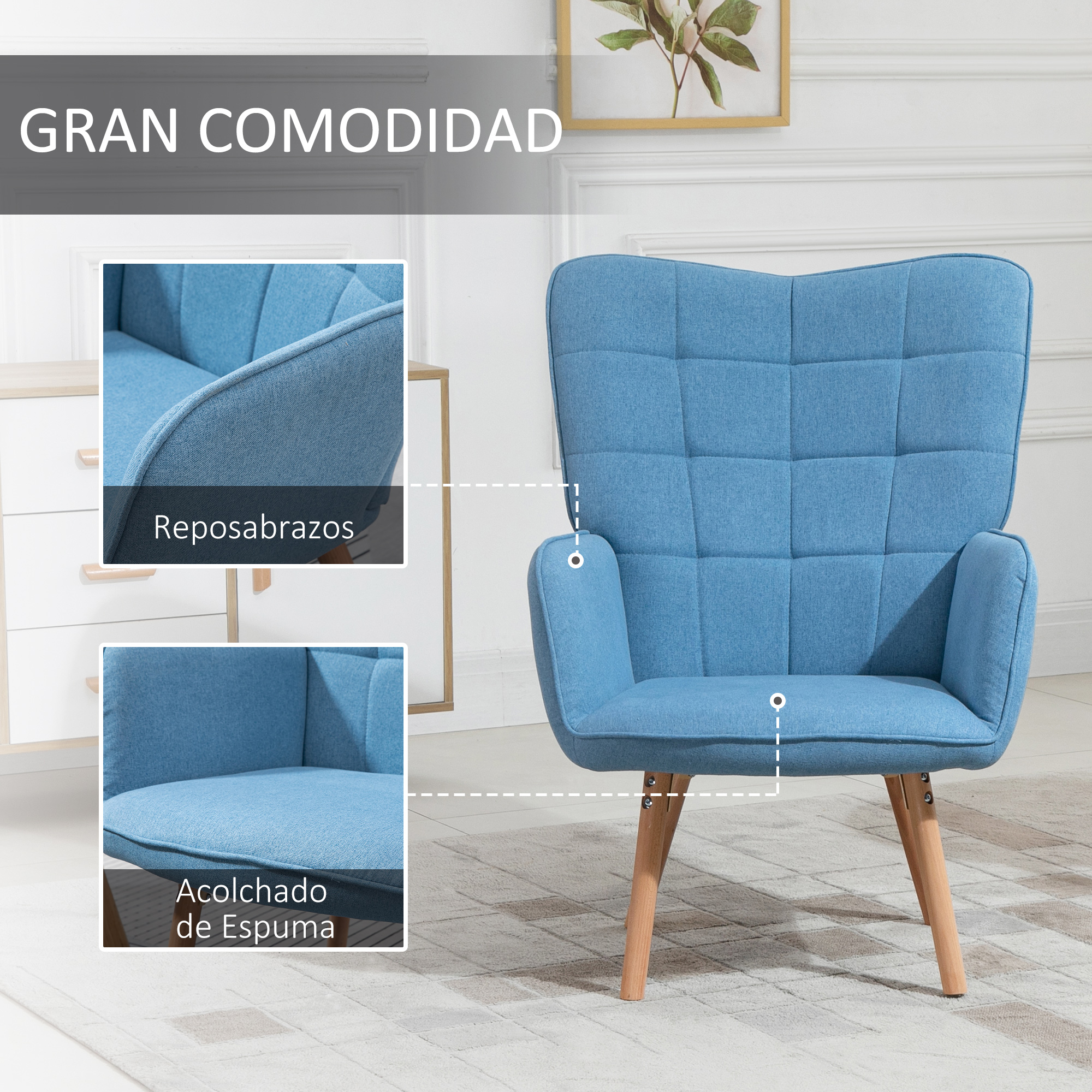 Un sillón azul con patas de madera en una habitación. Detalles: Reposabrazos y Acolchado de Espuma, con texto Gran Comodidad.