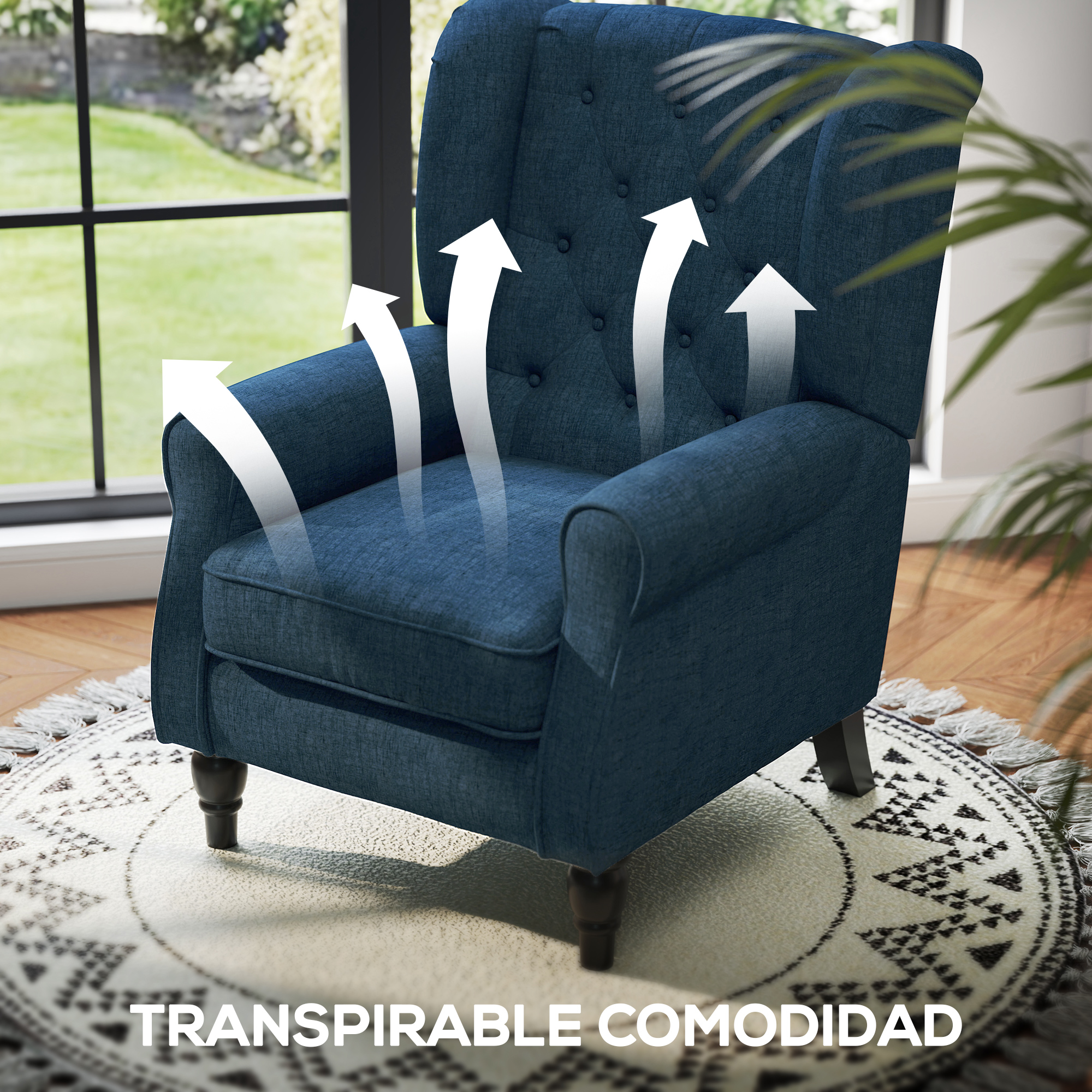 Un sillón azul con flechas blancas. La silla está sobre una alfombra con una ventana al fondo.