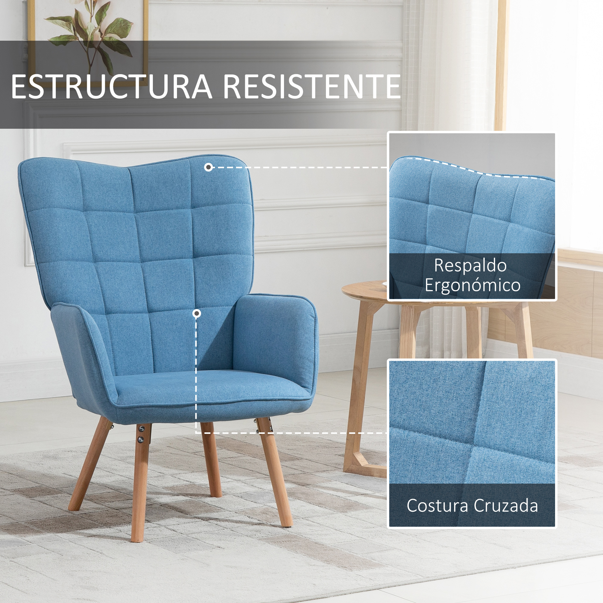 Sillón azul con patas de madera y respaldo acolchado. Tiene respaldo alto y apoyabrazos. Junto a una mesa de madera.