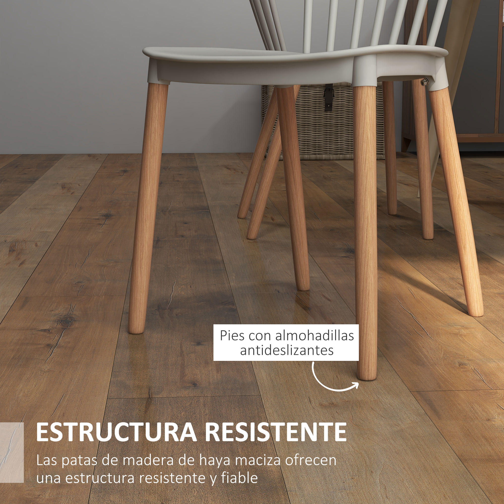 Una silla con patas de madera está sobre un suelo de madera. Las patas tienen almohadillas antideslizantes. Texto: 'ESTRUCTURA RESISTENTE'.