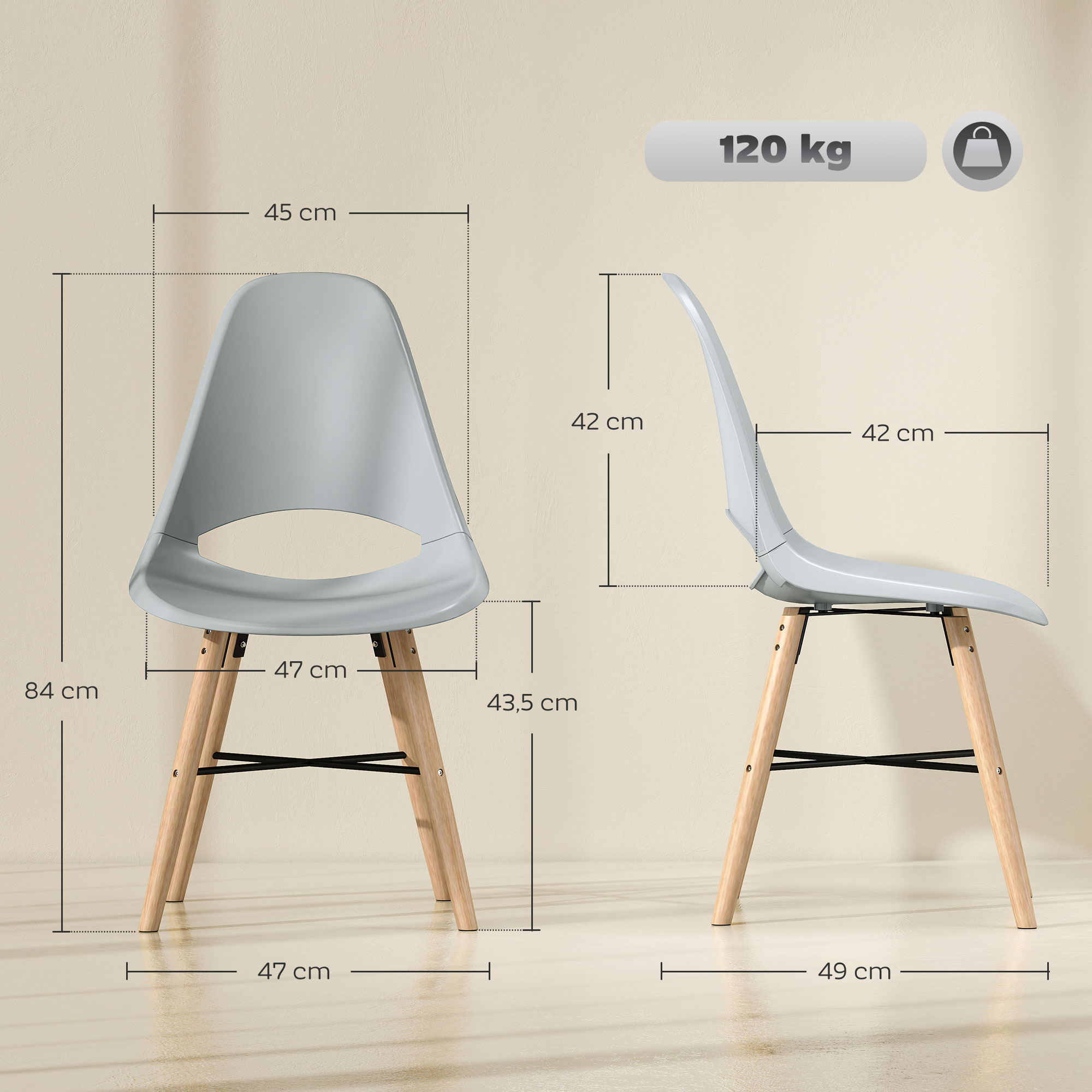 Se muestran dos sillas grises con patas de madera. Se indican las dimensiones. Se muestra una capacidad de 120 kg.