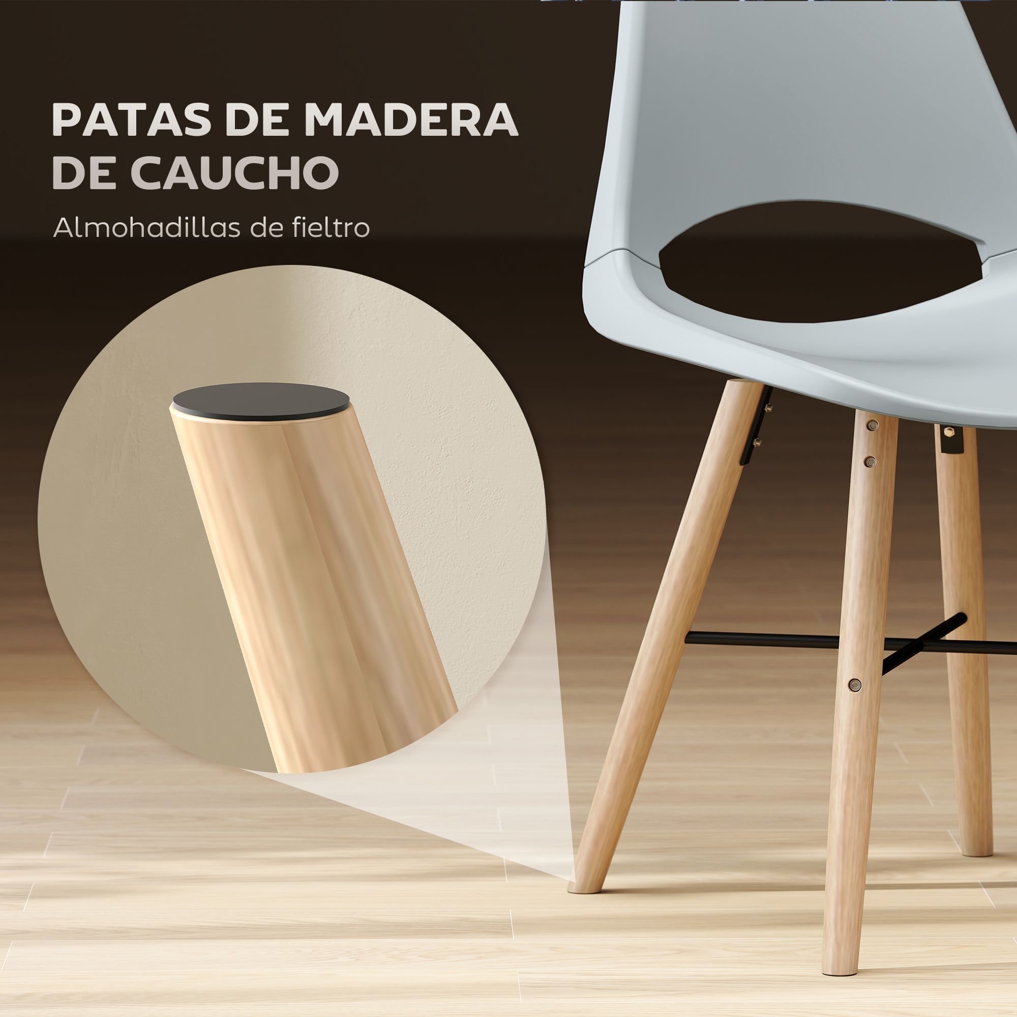 Se muestra una silla moderna con patas de madera. Una vista detallada muestra una pata de la silla. El fondo es un suelo de madera.