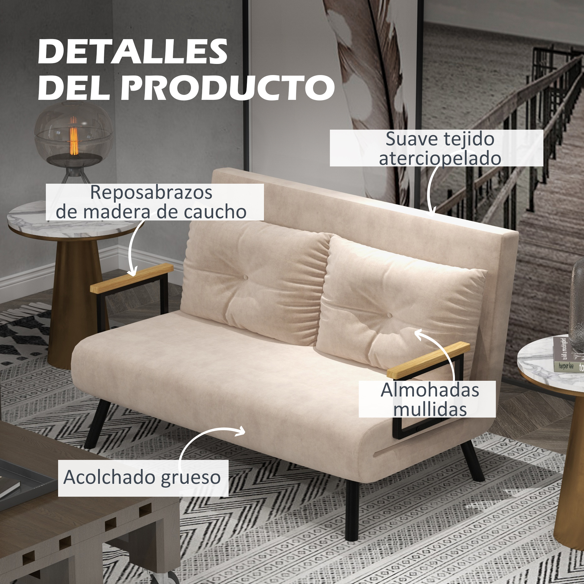 Sofá beige con reposabrazos de madera y patas negras. Detalles incluyen tela y cojines.