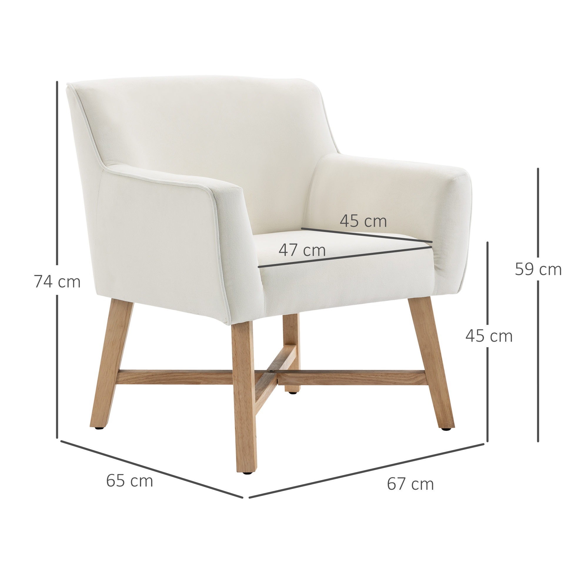 Sillón crema con patas de madera, dimensiones mostradas. 74 cm alto, 65 cm ancho, 67 cm profundo. Asiento 45x47 cm.
