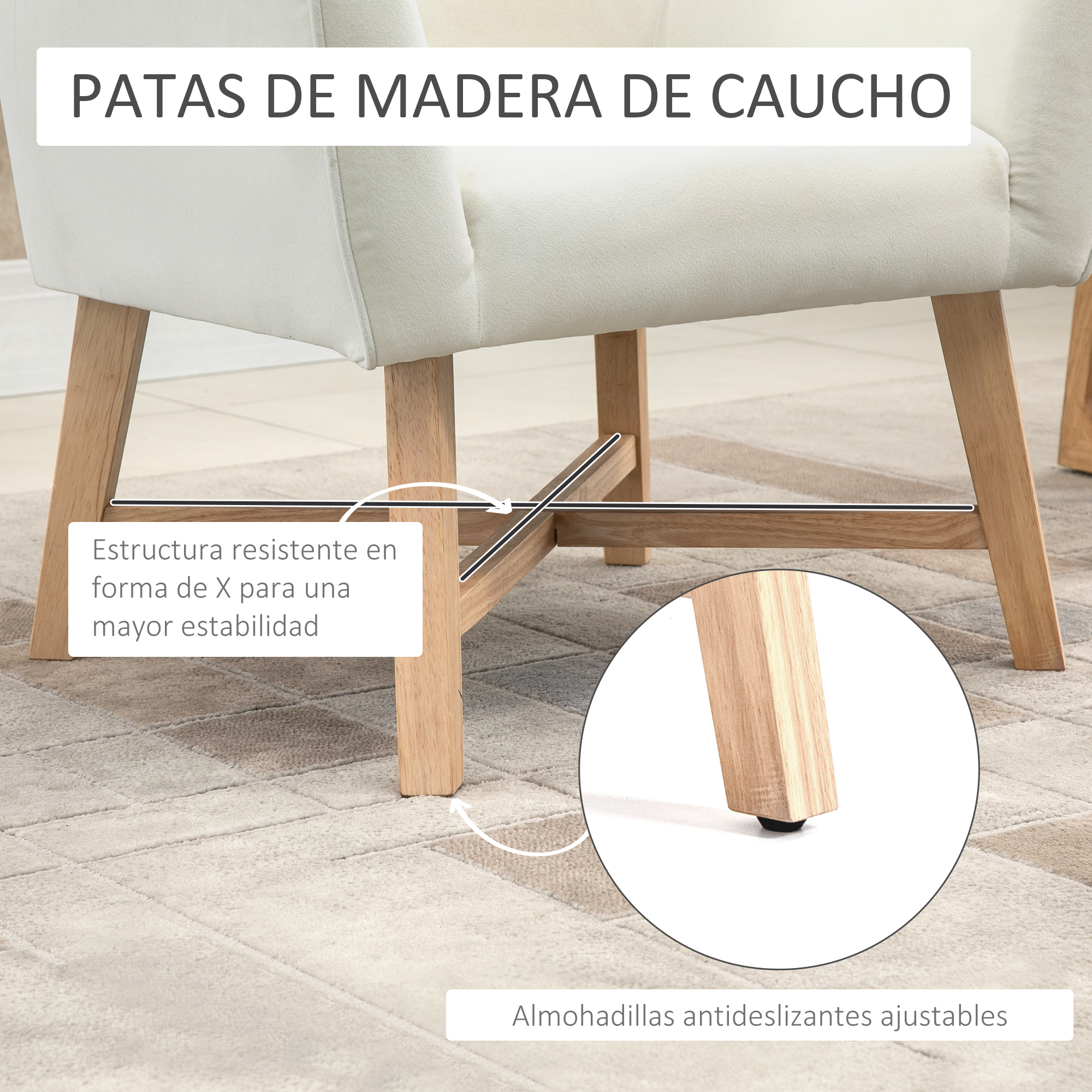 Primer plano de una pata de silla. Tiene patas de madera, soportes en forma de X y almohadillas antideslizantes ajustables en una alfombra.