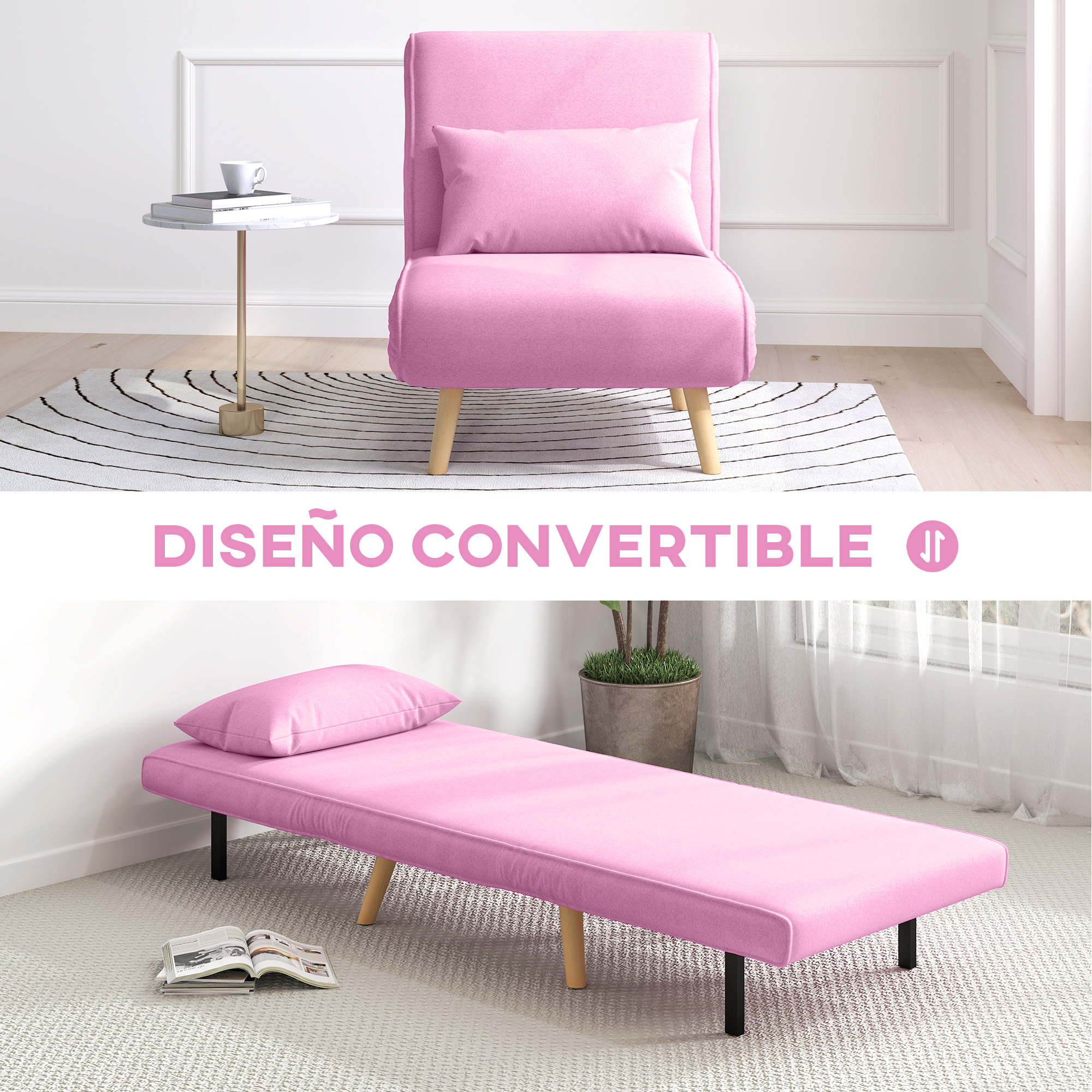 Silla y cama rosa convertible. Silla con almohada, mesa con taza. Cama con almohada, libro abierto y planta.