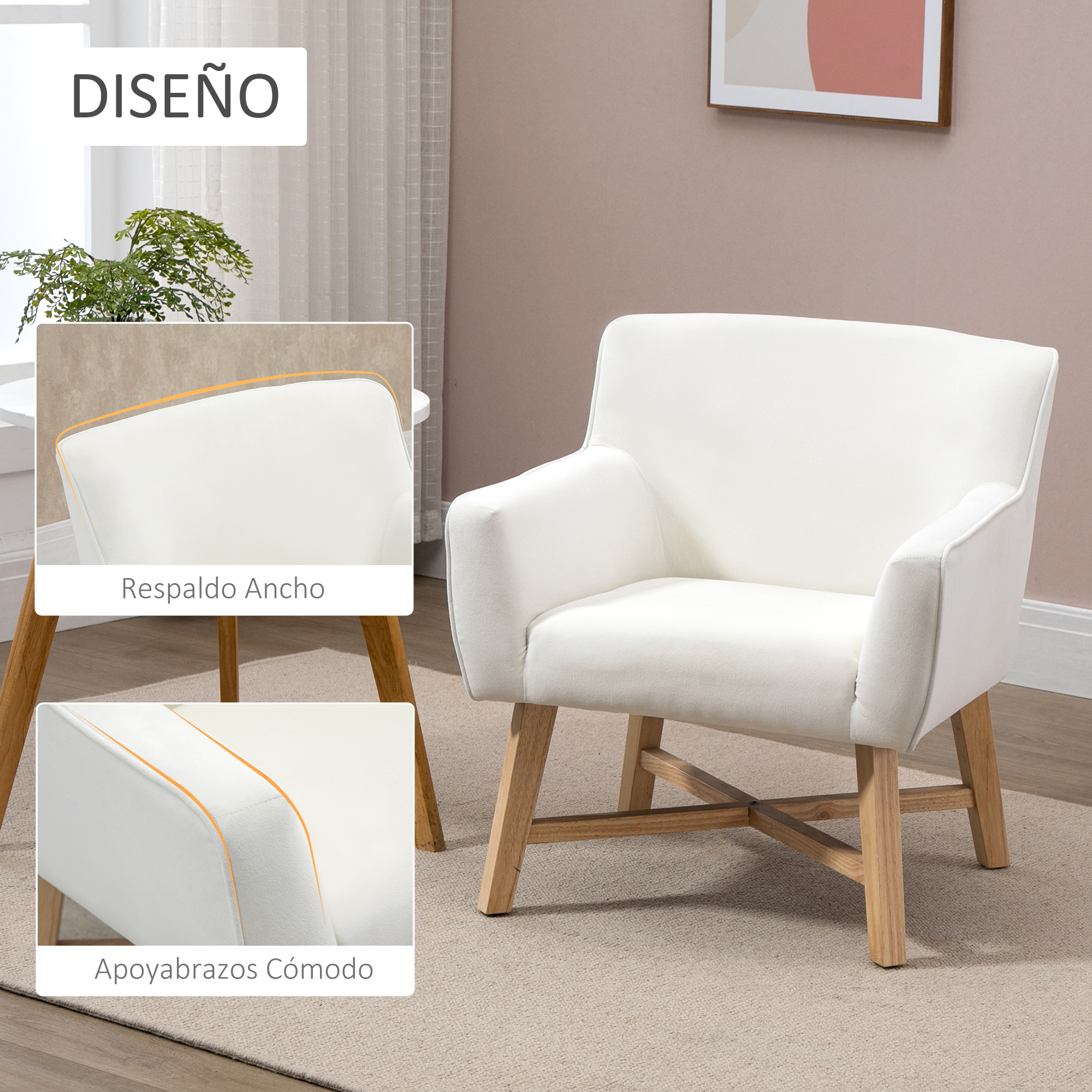 Sillón blanco con patas de madera. Tiene respaldo ancho y cómodos reposabrazos. En el fondo hay una ventana y un cuadro.