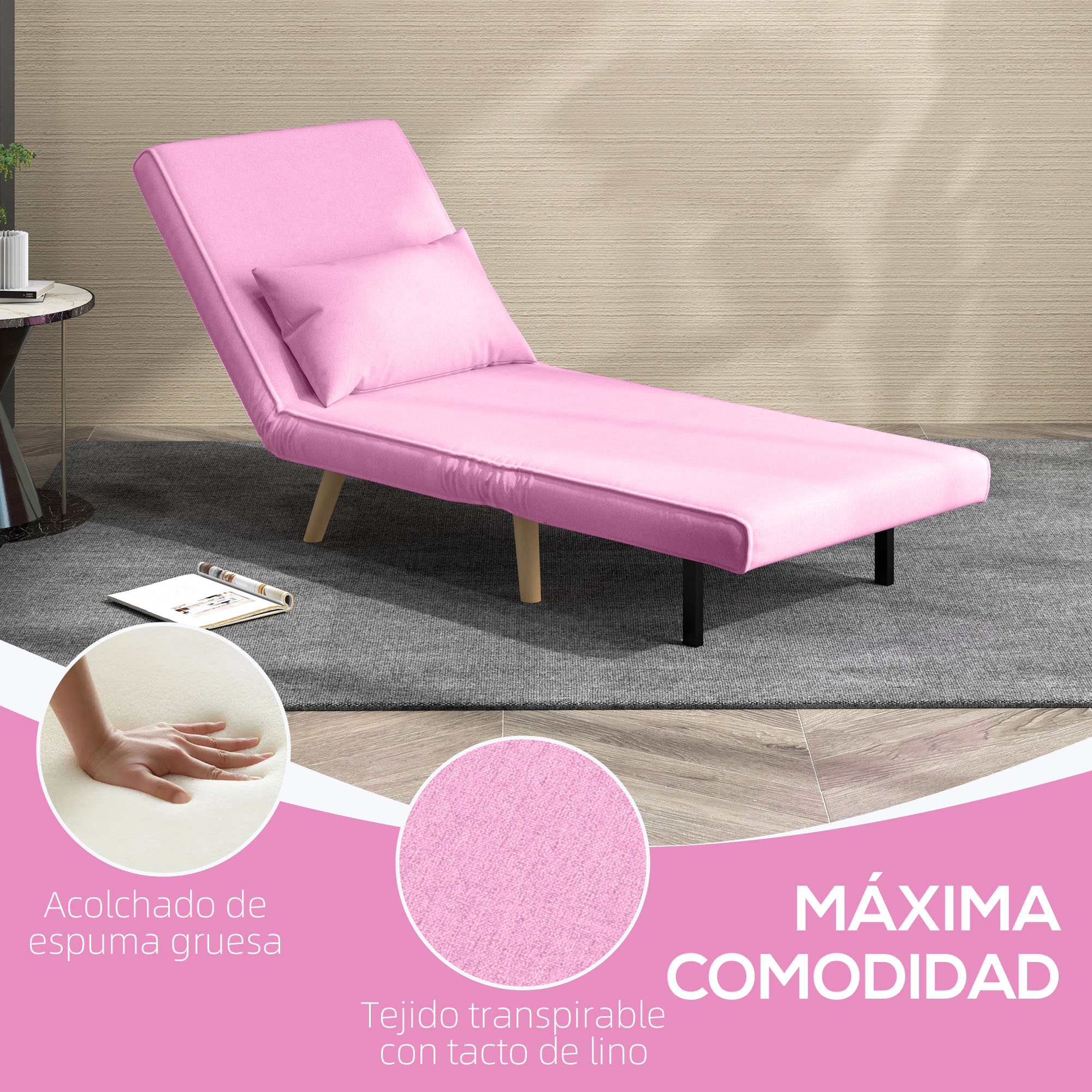 Una chaise longue rosa con una almohada sobre una alfombra gris. El fondo tiene una pared de madera.
