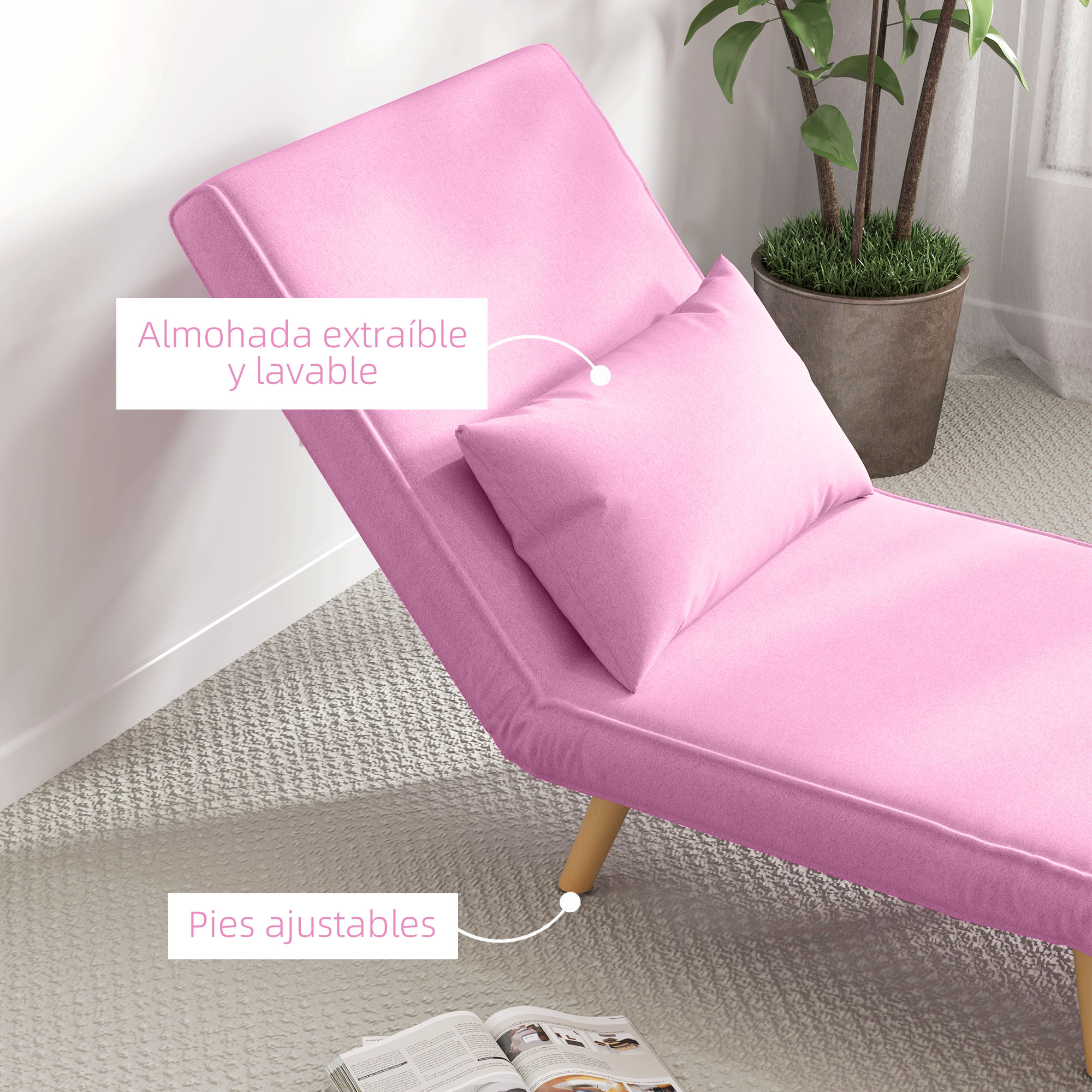 Una chaise longue rosa con una almohada. Tiene patas ajustables. Una planta está en el fondo.