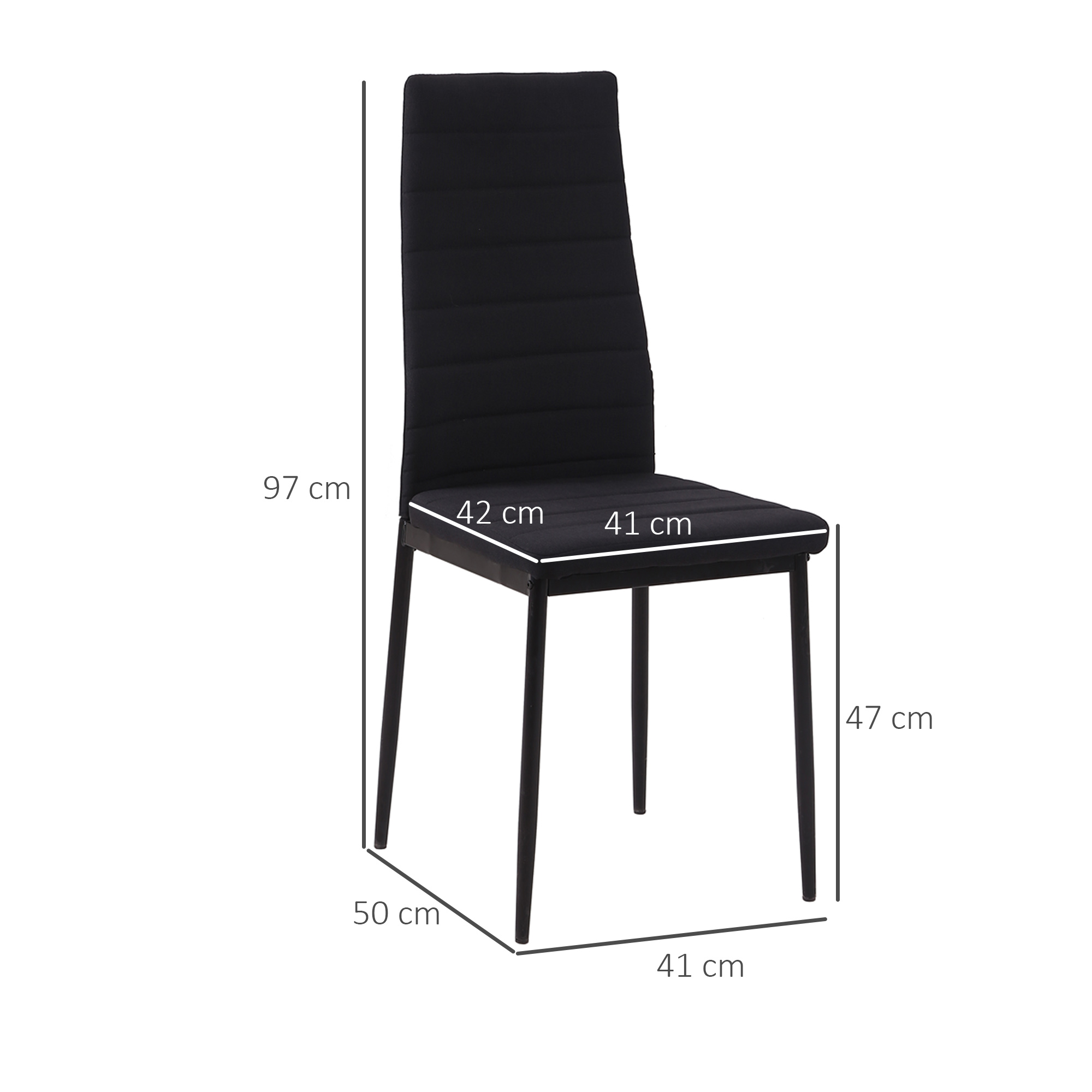Silla de comedor negra con medidas. Tiene asiento y respaldo acolchados, y patas negras. Se muestran las dimensiones.
