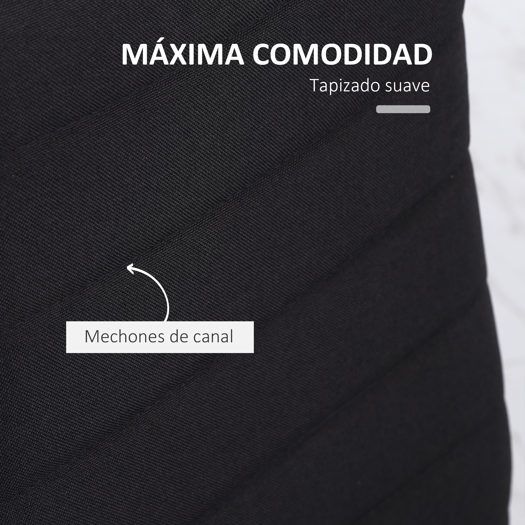 Primer plano de tela negra con costuras en canal. El texto dice 'Máxima comodidad' y 'Tapizado suave'.