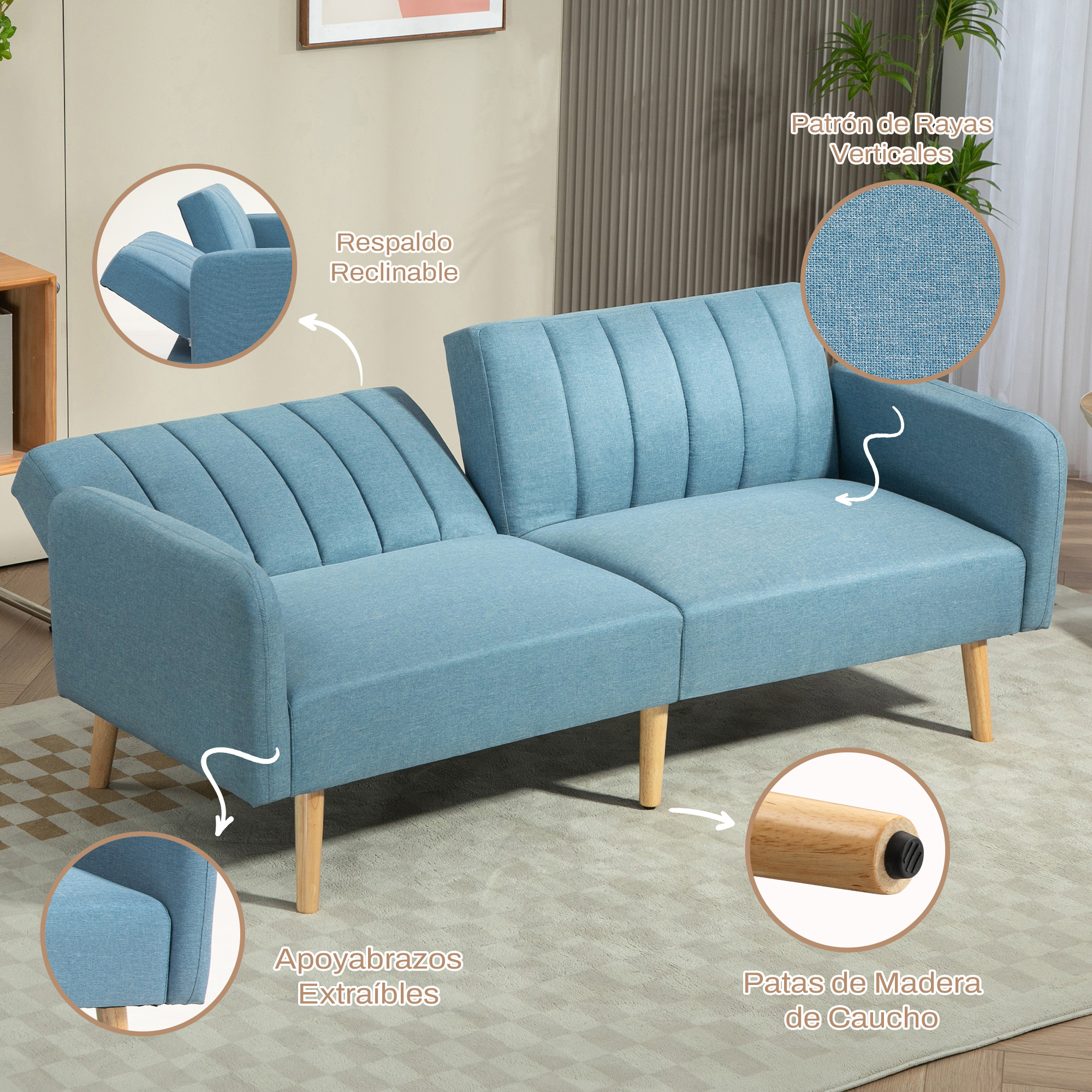 Un sofá azul con patas de madera. Tiene respaldo reclinable, reposabrazos extraíbles y un patrón de rayas verticales.
