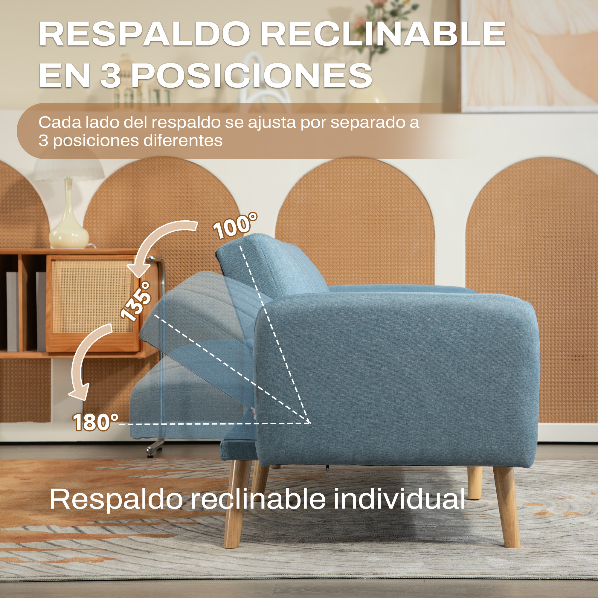 Sofá azul con respaldo ajustable. Se reclina a 100, 135 y 180 grados. Patas de madera y fondo decorativo.