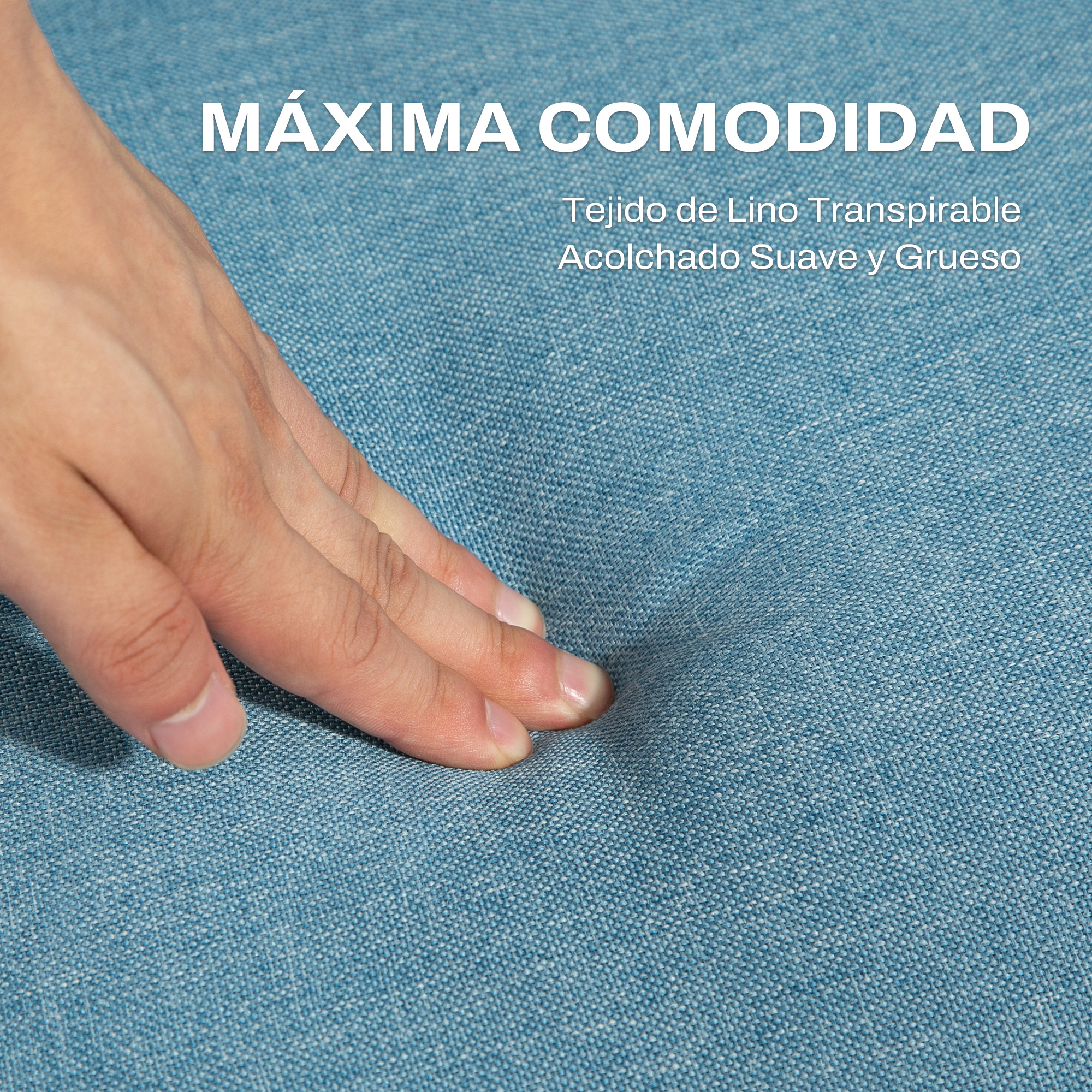 Una mano presiona sobre una tela azul, creando una hendidura. El texto superior dice 'Máxima Comodidad'.