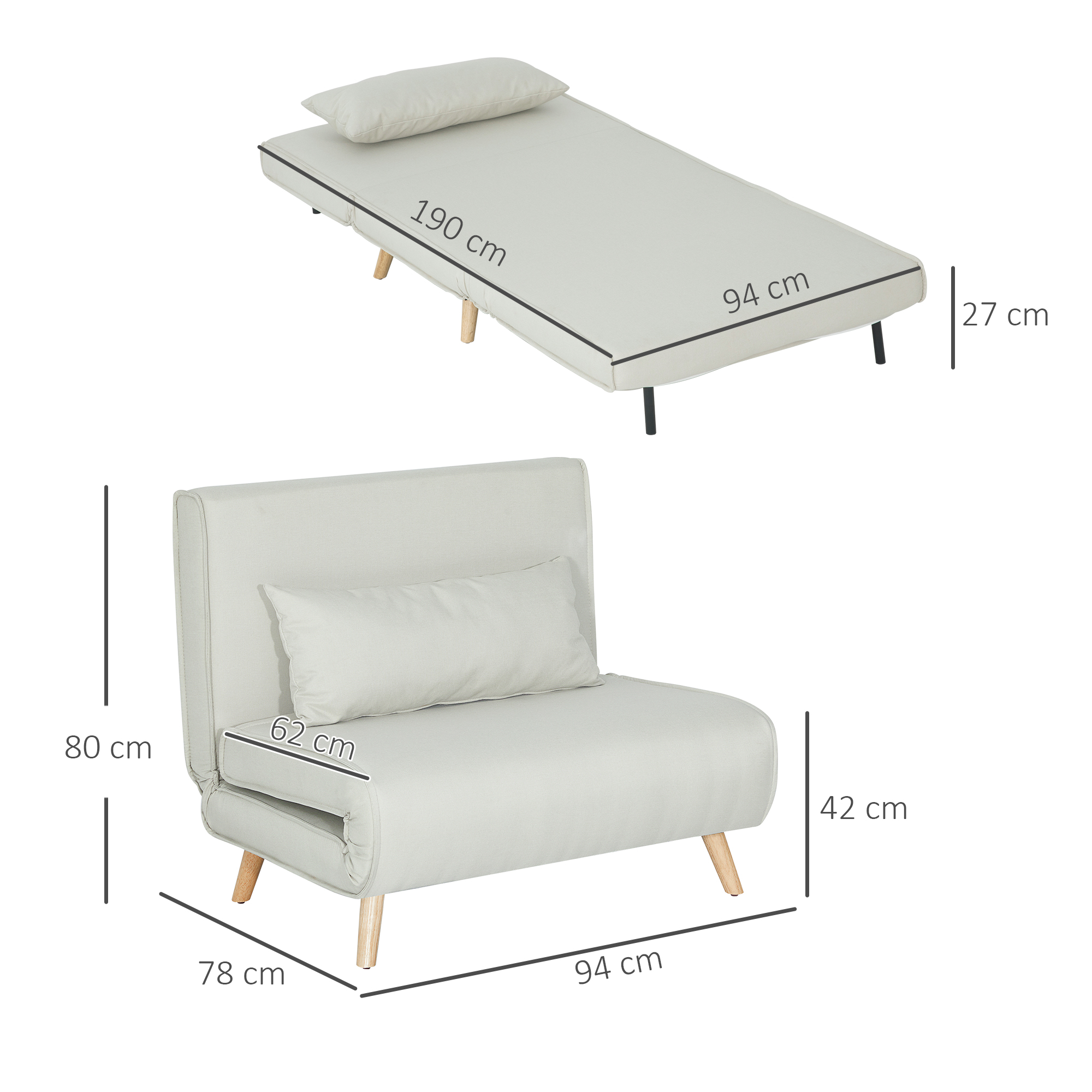 Un sofá y cama convertible en gris claro. Las dimensiones están marcadas. La cama está arriba y el sofá abajo.