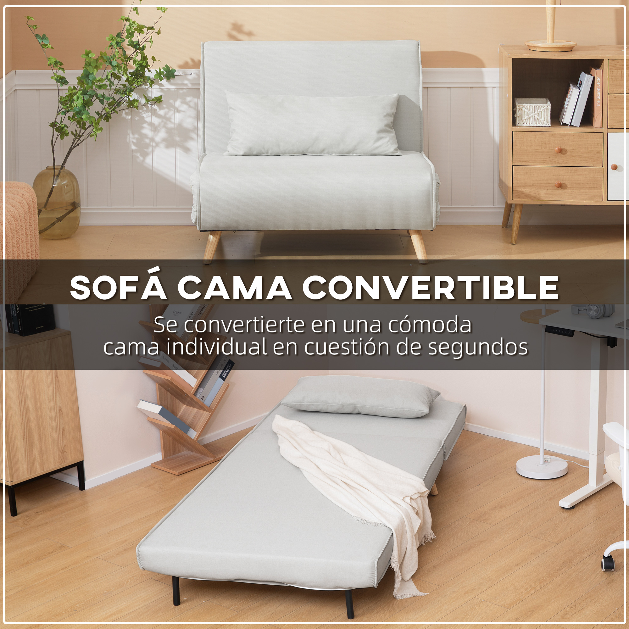 Un sofá cama convertible en una habitación. Se transforma en una cama. Hay otros muebles y elementos decorativos.