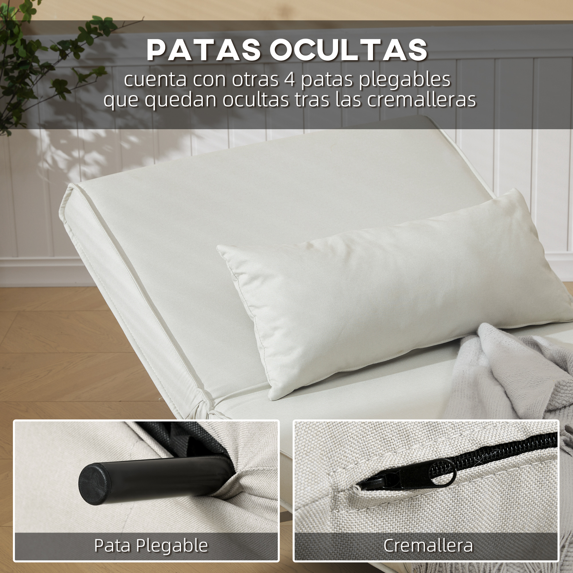 Sofá beige con almohada blanca. El texto explica patas plegables ocultas tras cremalleras. Detalles de una pata y cremallera.