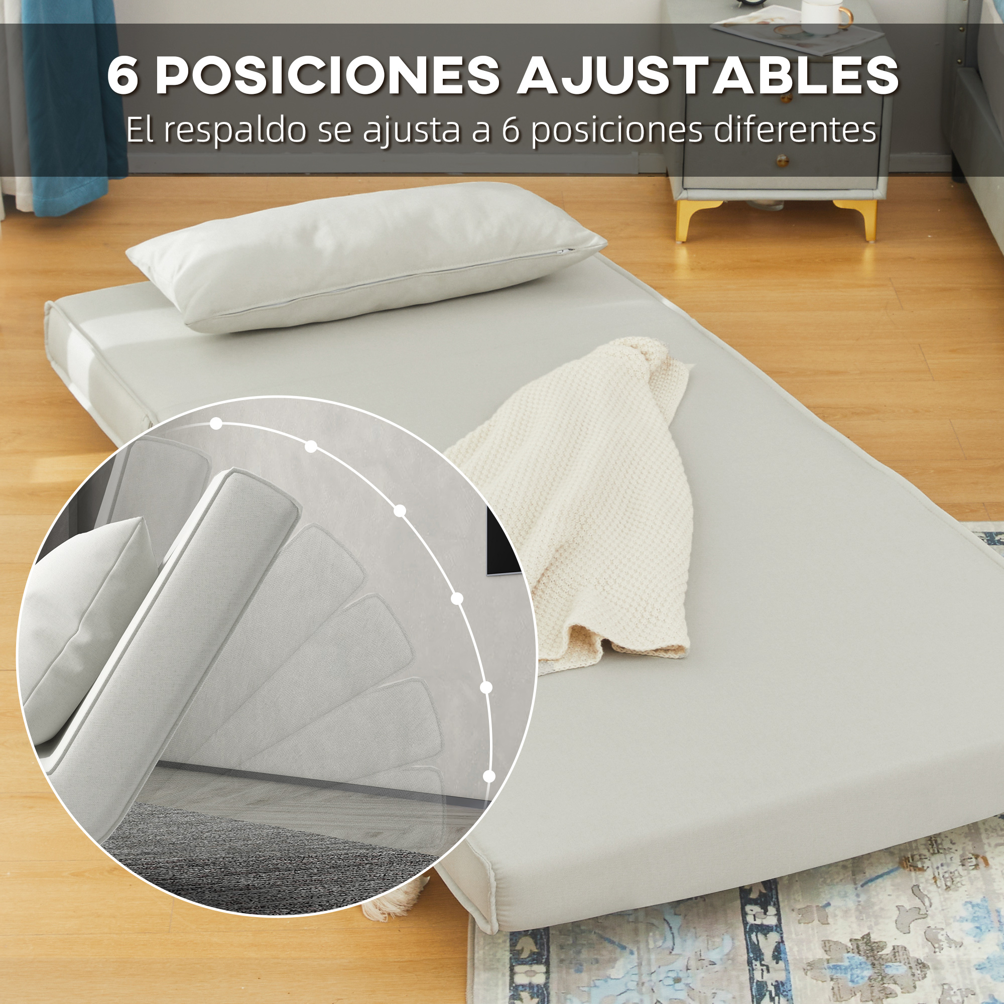 Una cama gris ajustable con una almohada blanca y una manta crema. La cama se puede ajustar a seis posiciones.