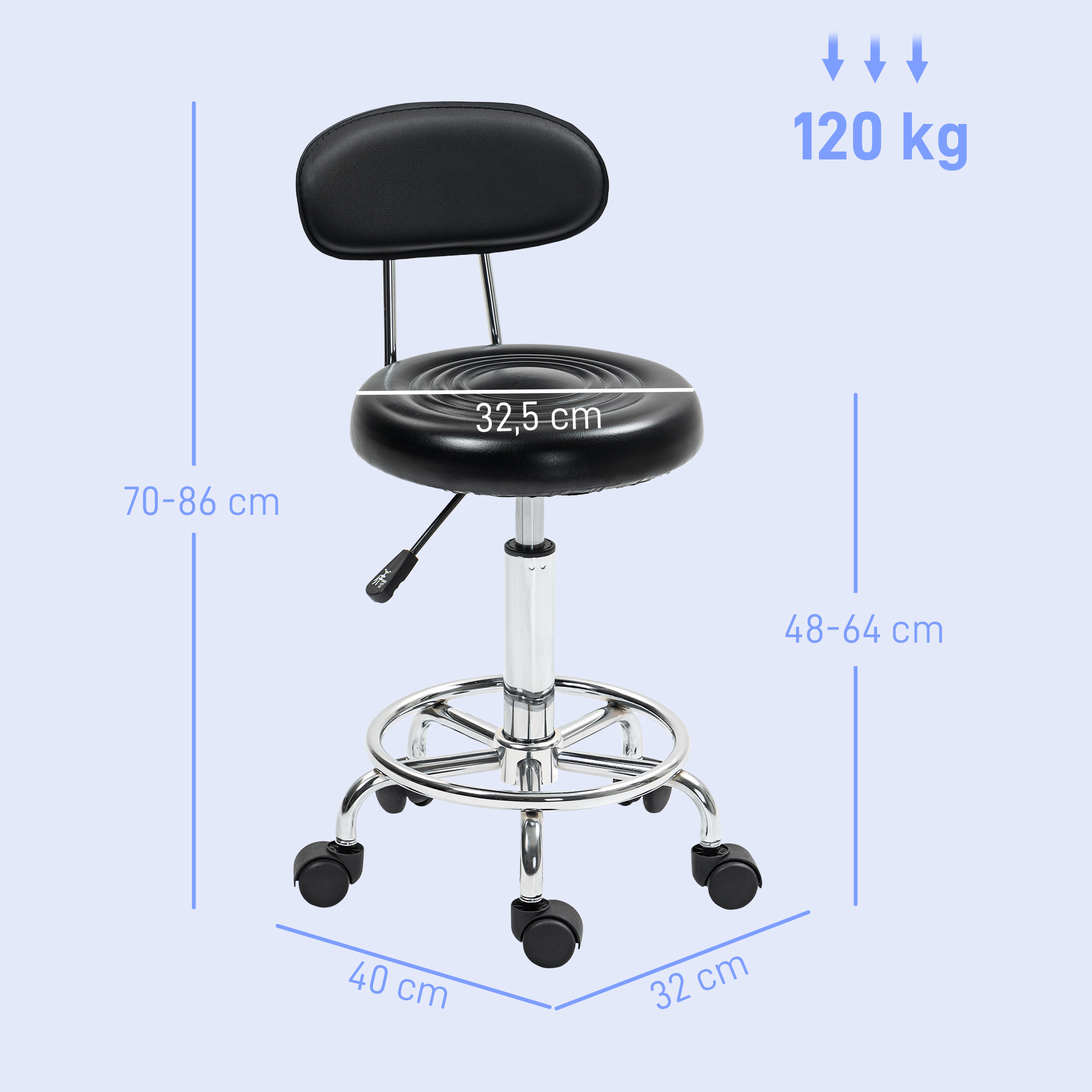 Una silla de oficina negra con medidas y especificaciones de peso mostradas sobre un fondo azul claro.