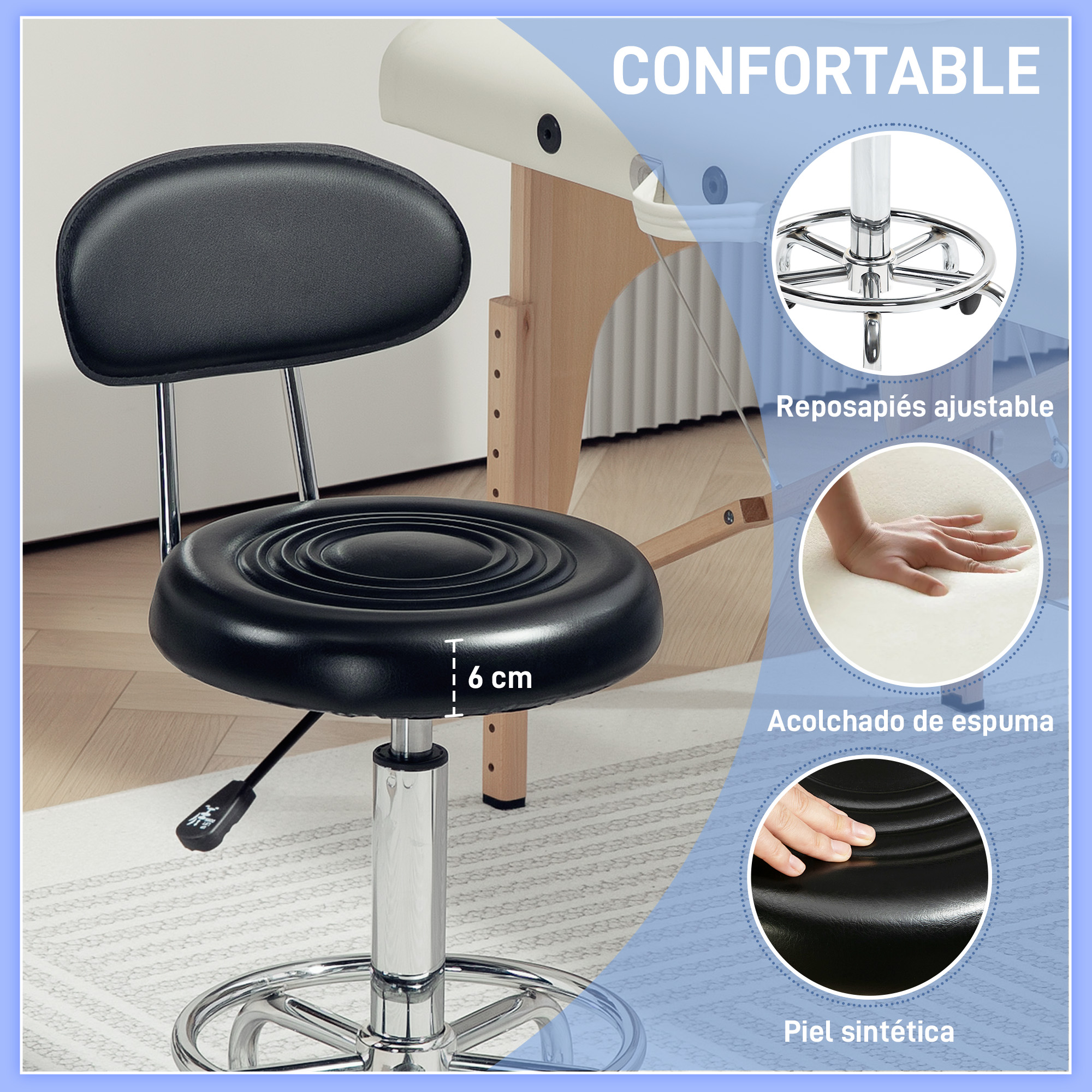 Un taburete de cuero negro con respaldo. Tiene una base cromada, un asiento redondo y está etiquetado como 'cómodo'.