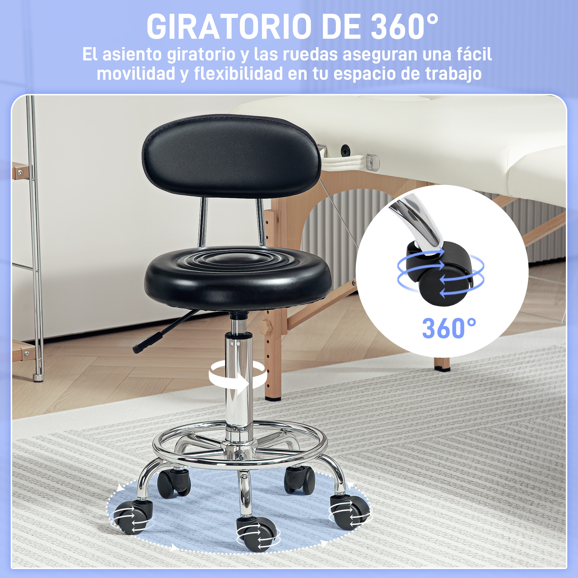 Silla giratoria negra con respaldo y ruedas. El texto dice '360°' y describe movilidad y flexibilidad.